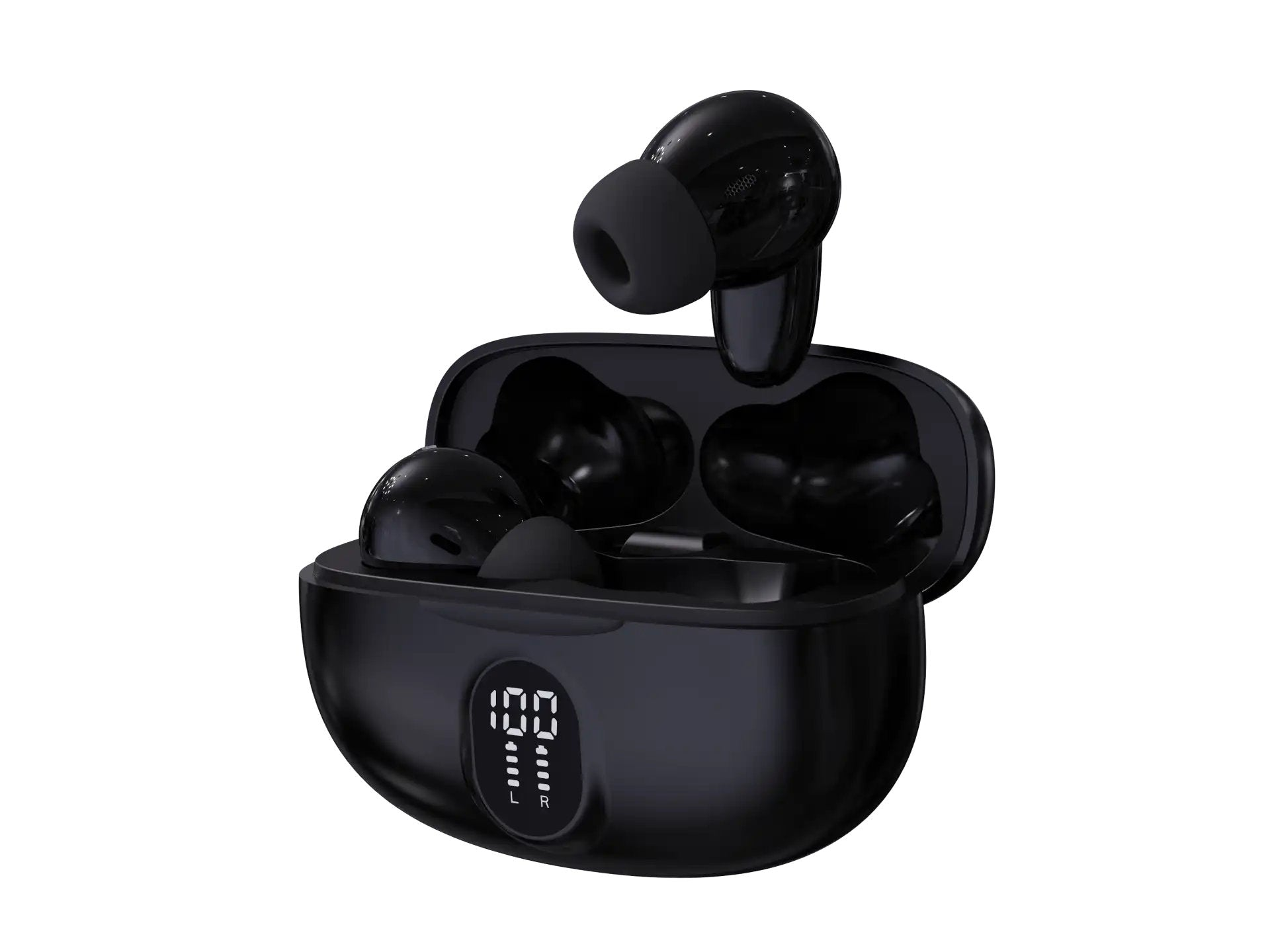 Auricolari wireless neri in una custodia di ricarica aperta con display digitale.
