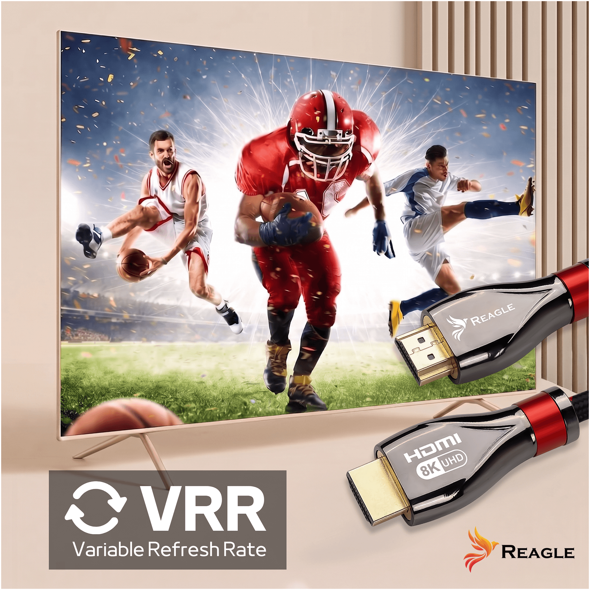 Ekran telewizora pokazuje graczy futbolu i koszykówki; kable HDMI obok.