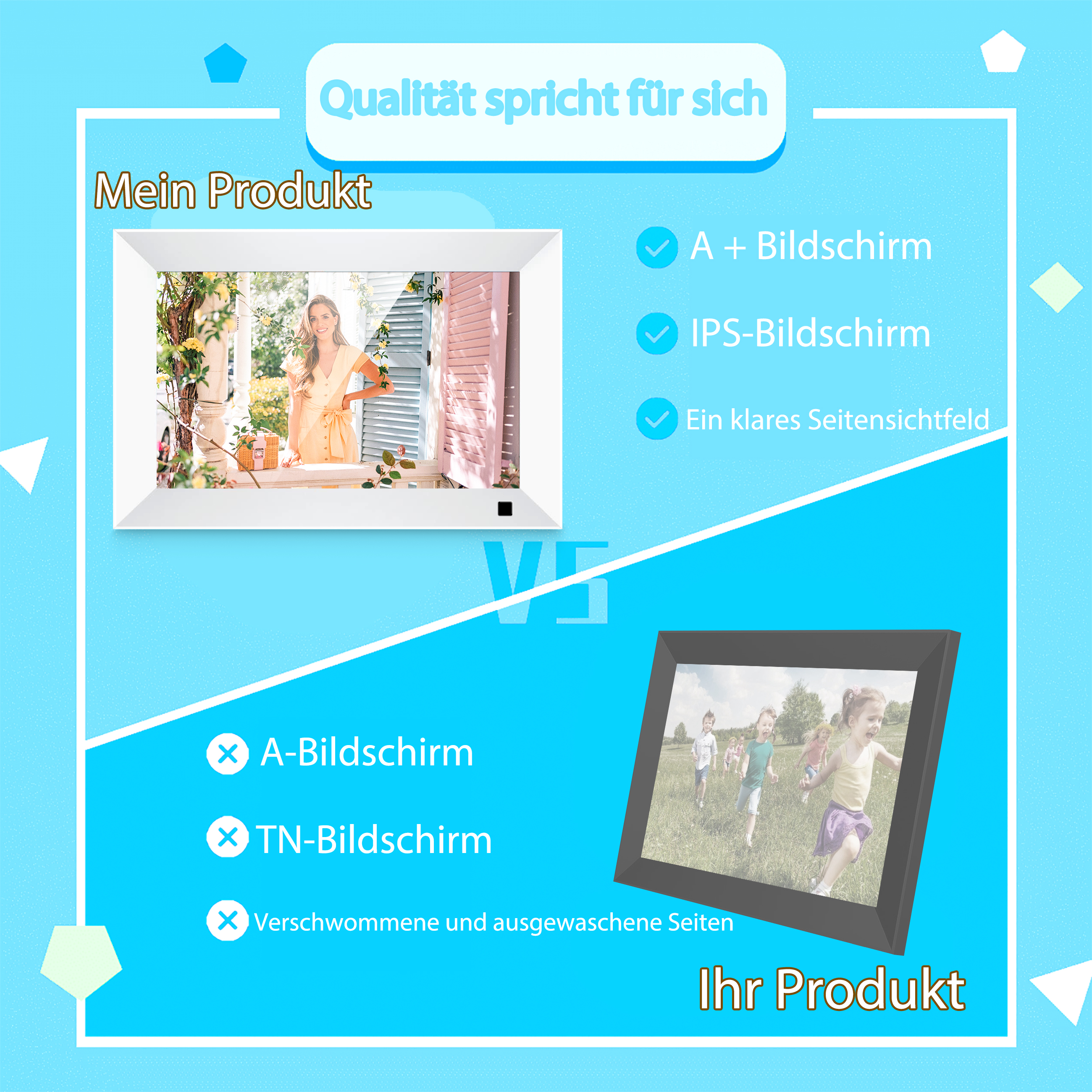 Vergleich von zwei Produkten mit Bildschirmen und Kinderbildern.