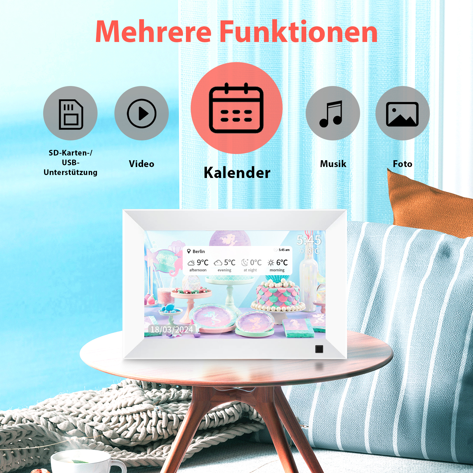 Digitale Bilderrahmen zeigt mehrere Funktionen mit Symbolen und Wetterinformationen.