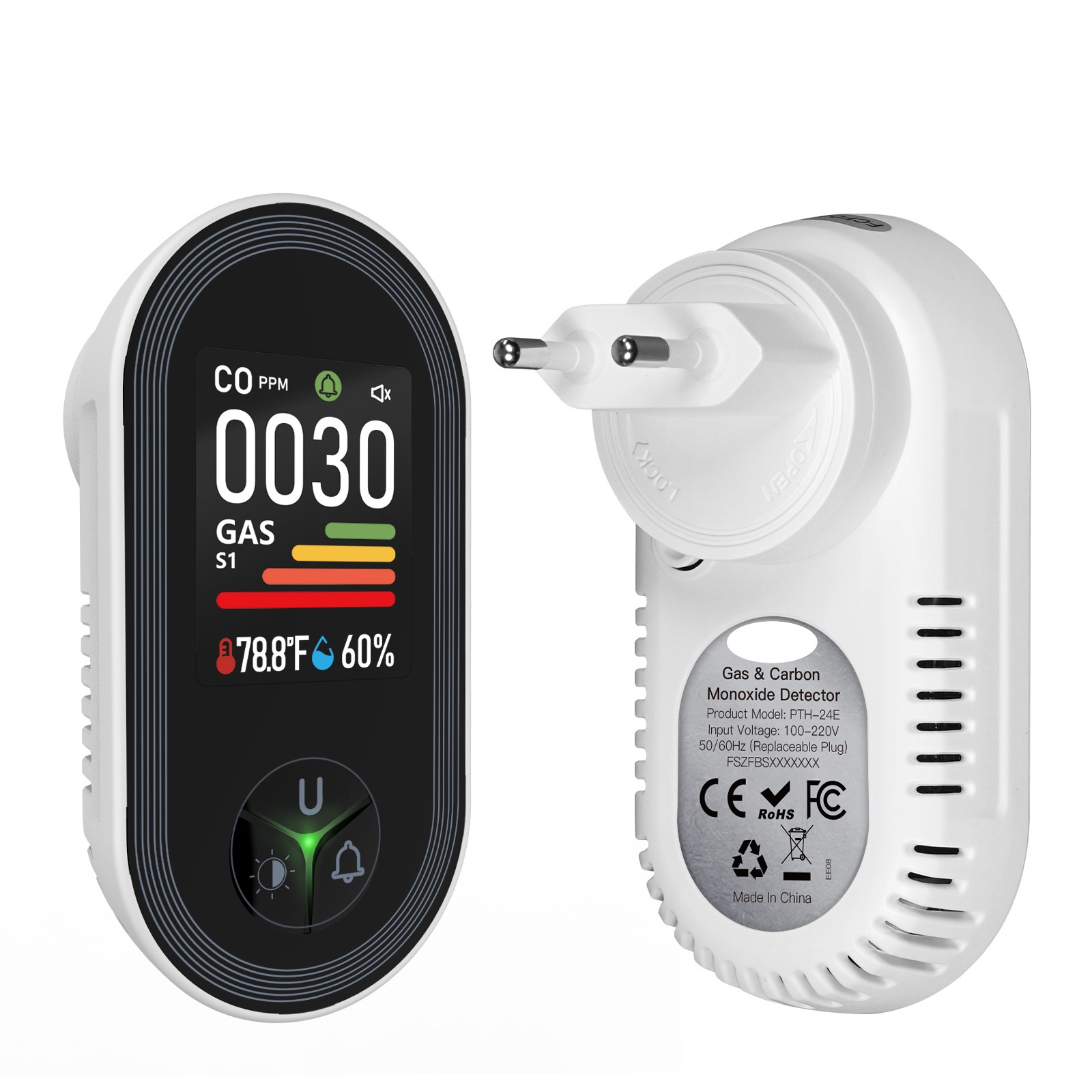 Ein weißer Gas- und Kohlenmonoxidmelder mit digitalem Display und Stecker.