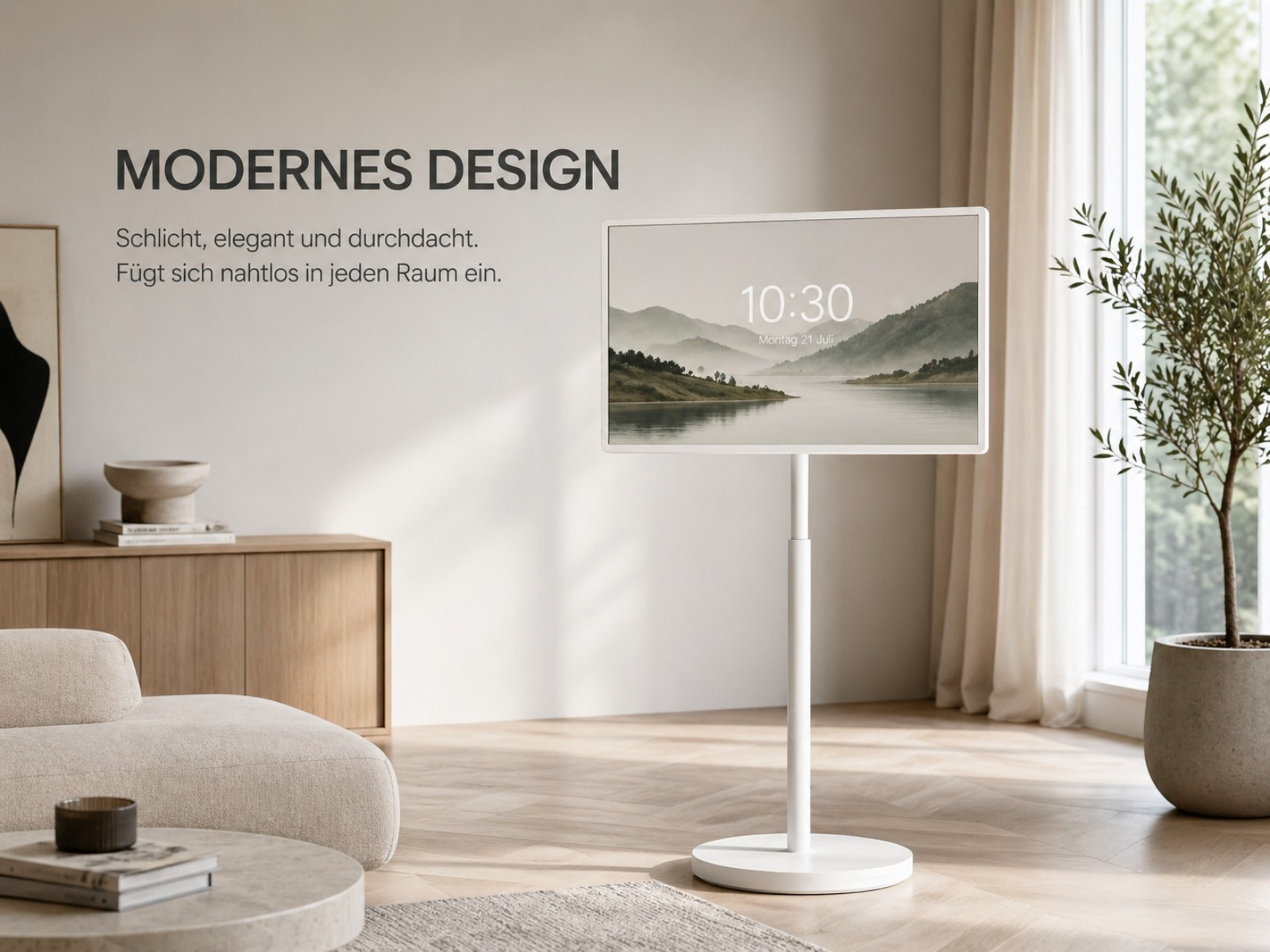 Moderner weißer Fernseher auf Standfuß in einem hellen Wohnzimmer mit Sofa und Pflanze.