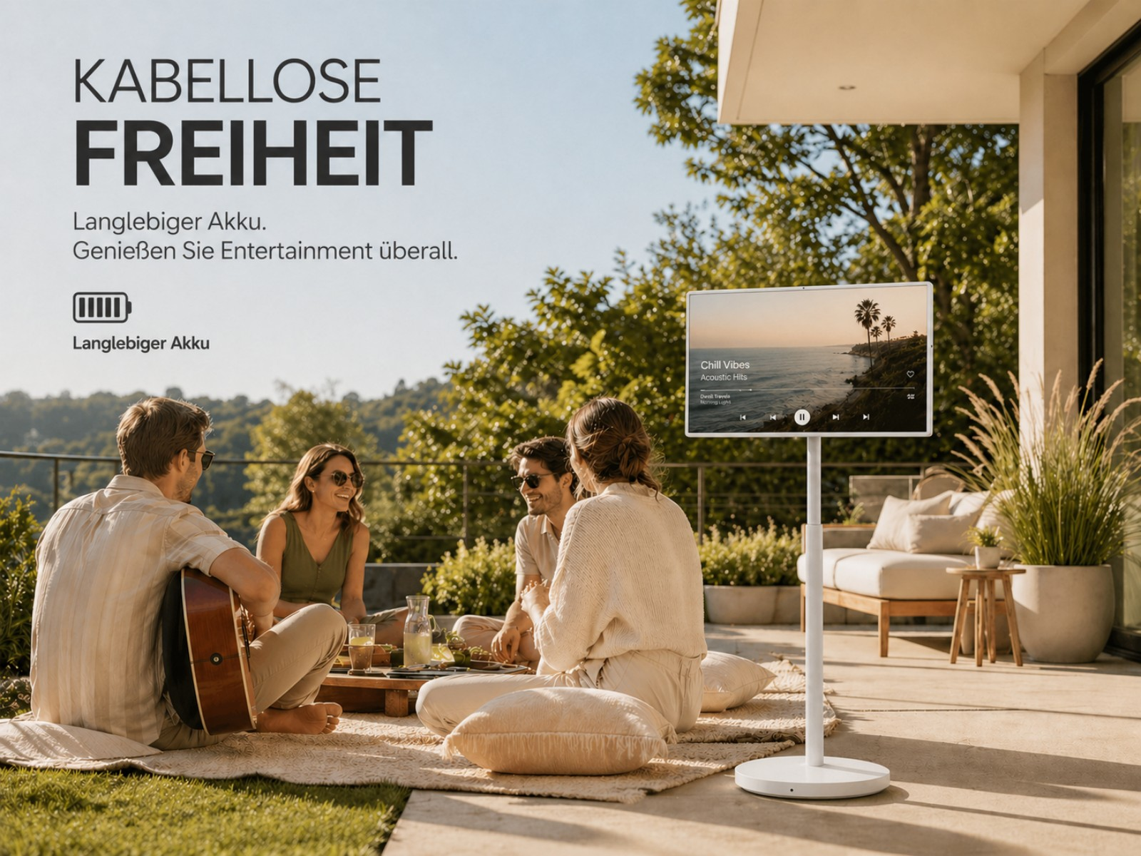 Vier Personen genießen ein Picknick im Freien mit einem Fernseher.