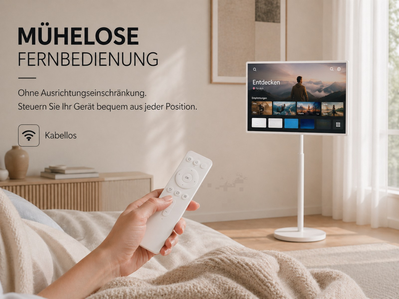 Eine Hand hält eine weiße Fernbedienung vor einem Fernseher mit Menü.