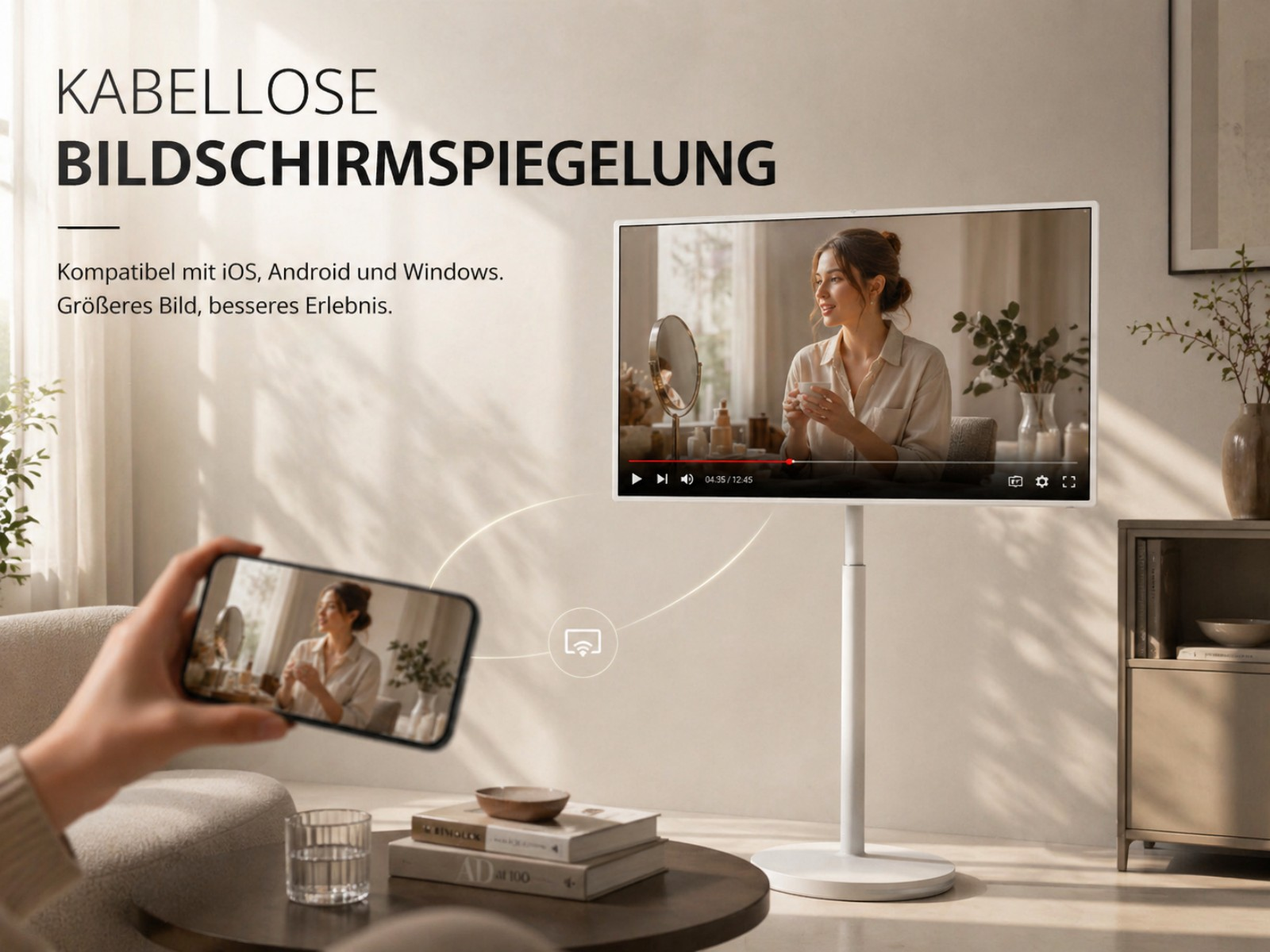 Ein Smartphone spiegelt ein Video auf einen weißen Standfuß-Fernseher.