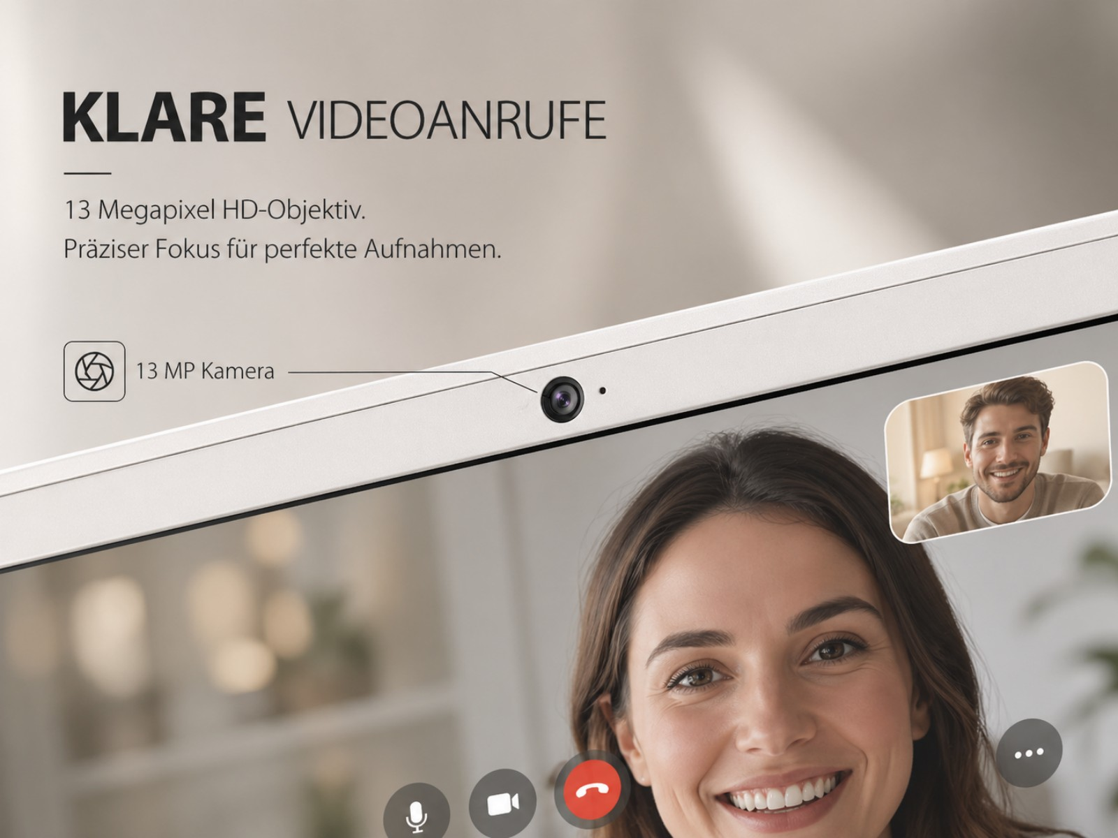 Eine Frau und ein Mann lächeln in einem Videoanruf. Die Laptop-Kamera ist sichtbar.