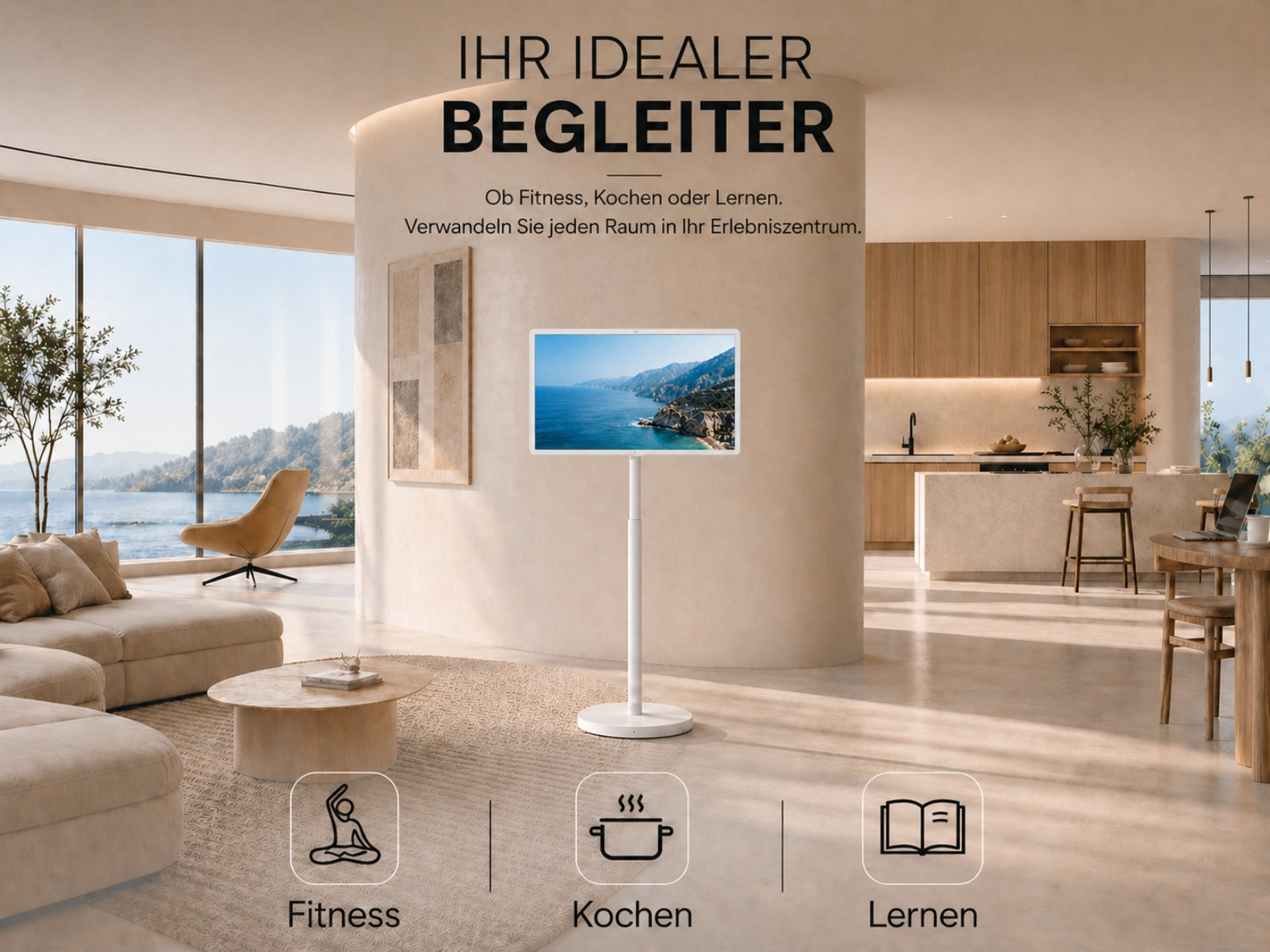 Modernes Wohnzimmer mit Fernseher, der Meerblick zeigt. Icons für Fitness, Kochen, Lernen.