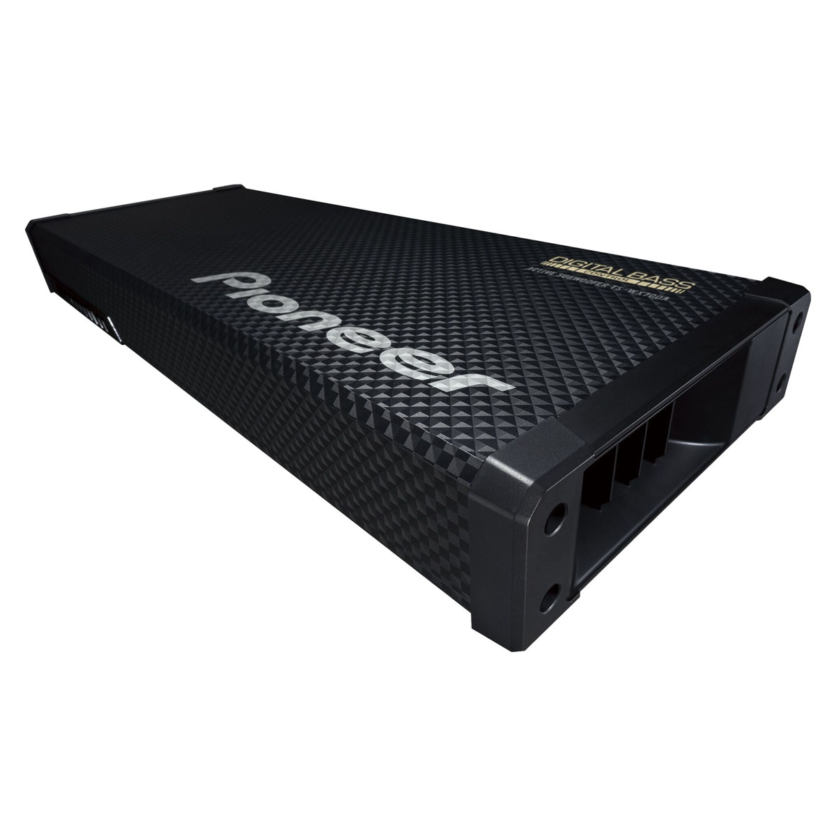 Schwarzer Pioneer Subwoofer mit silbernem Logo und Muster.