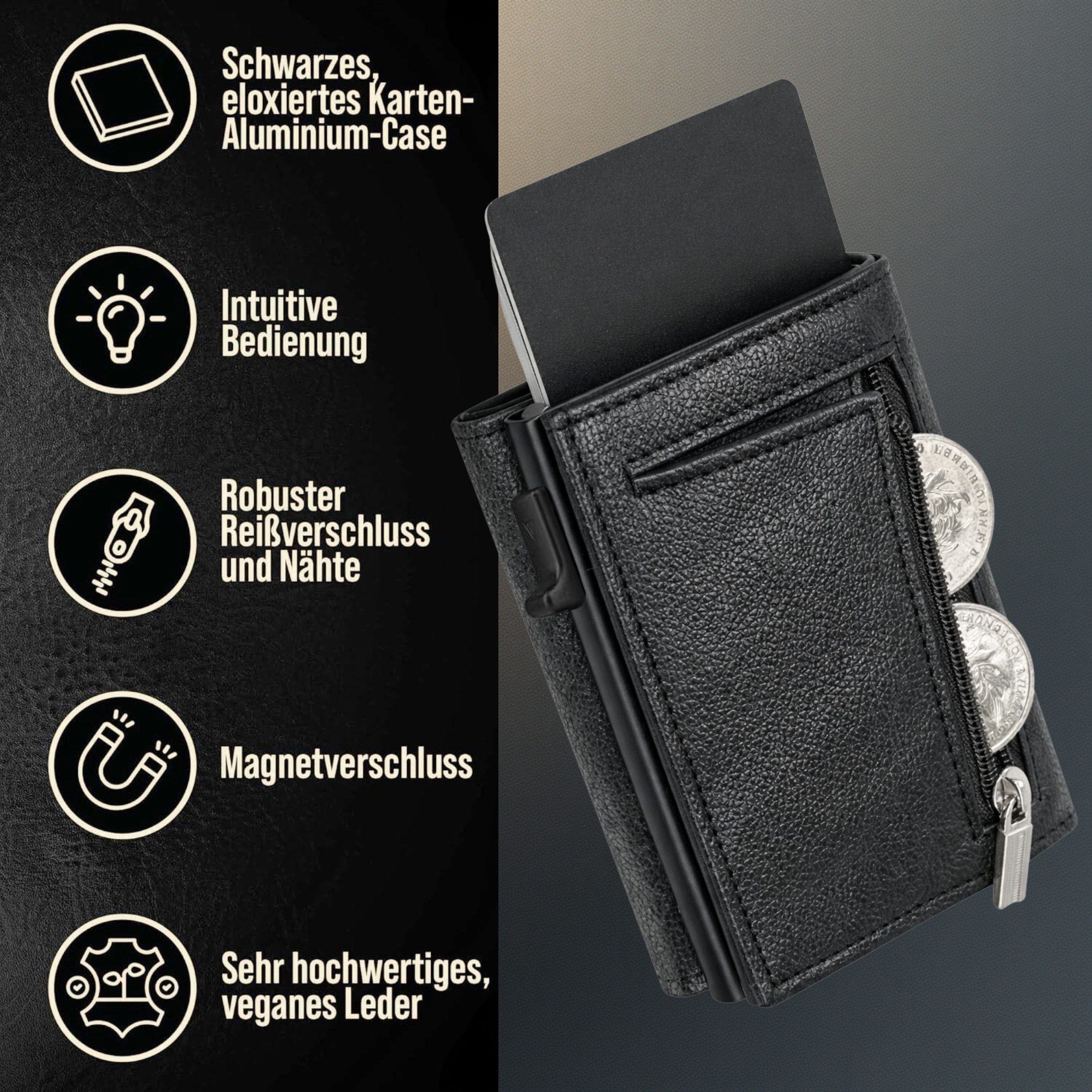 Schwarzes Lederportemonnaie mit Aluminium-Case, Münzfach und Magnetverschluss.