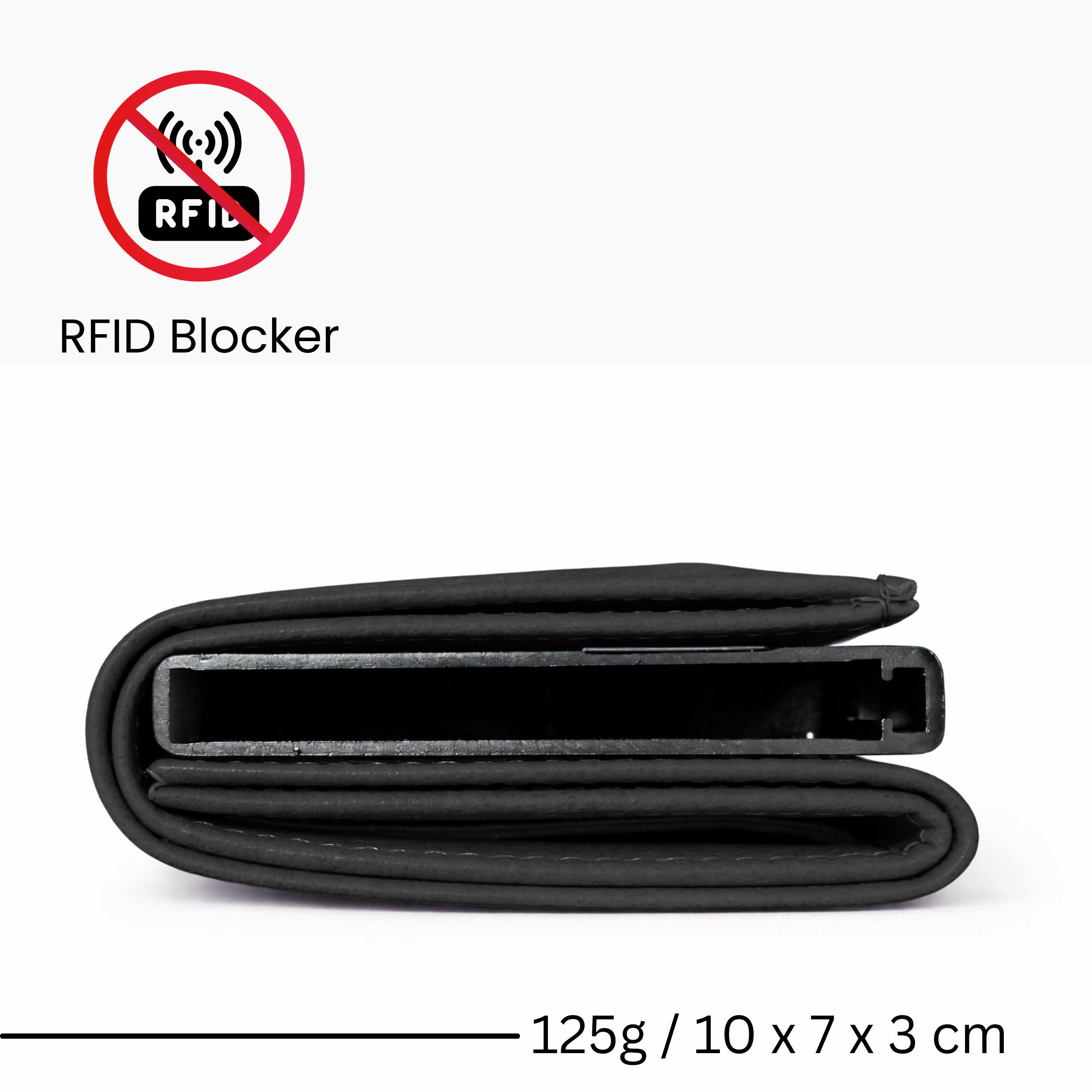Schwarzes RFID-blockierendes Portemonnaie, 125g, 10x7x3cm.