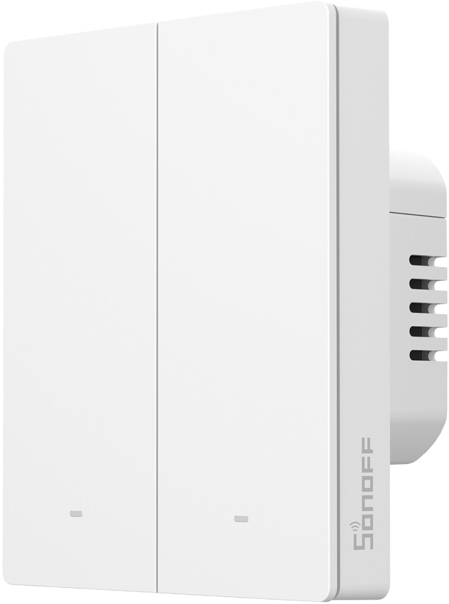 Biały przełącznik Sonoff z dwoma przyciskami i kratką wentylacyjną z boku.