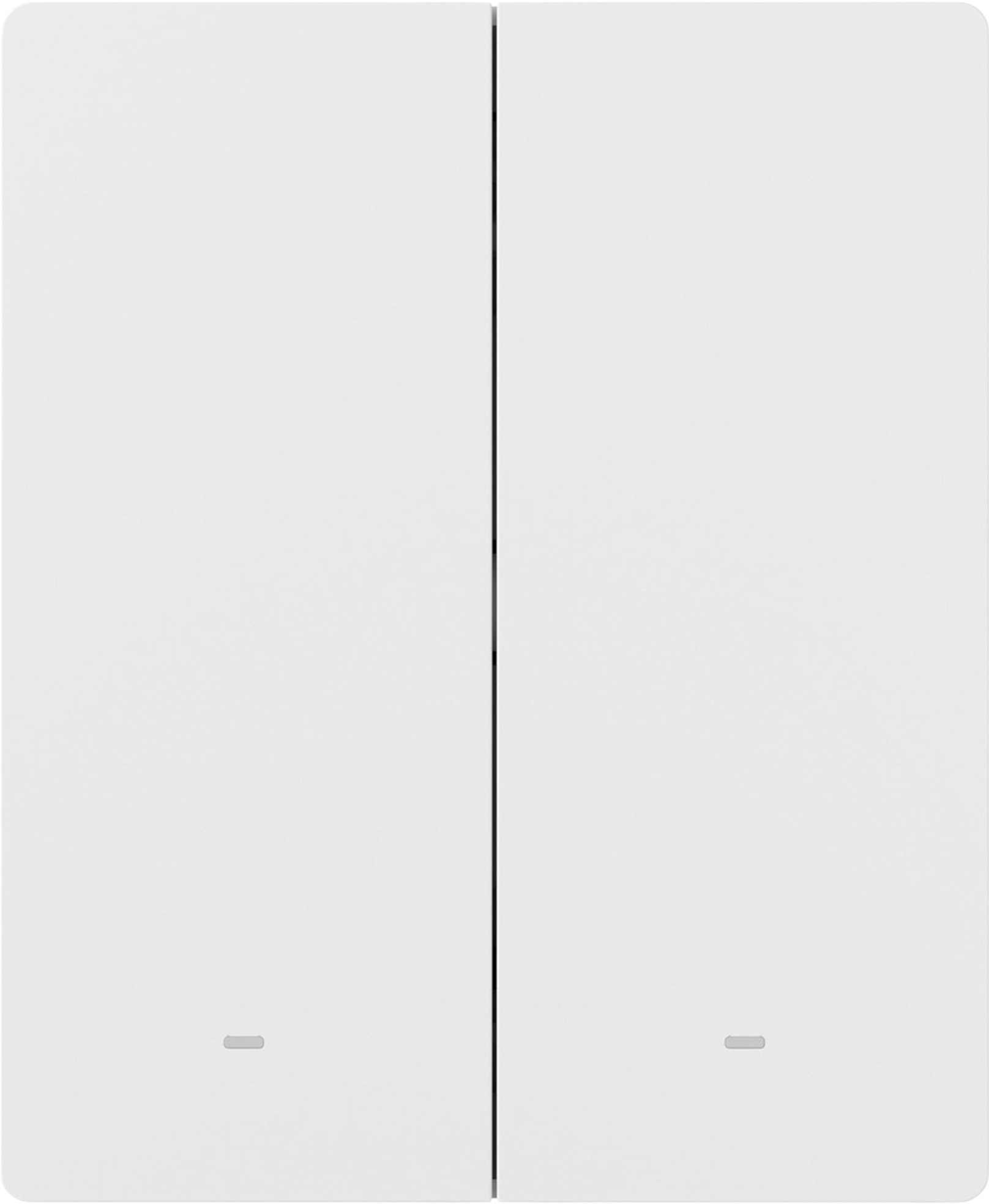 Dwa białe włączniki światła obok siebie z małymi szarymi wskaźnikami.