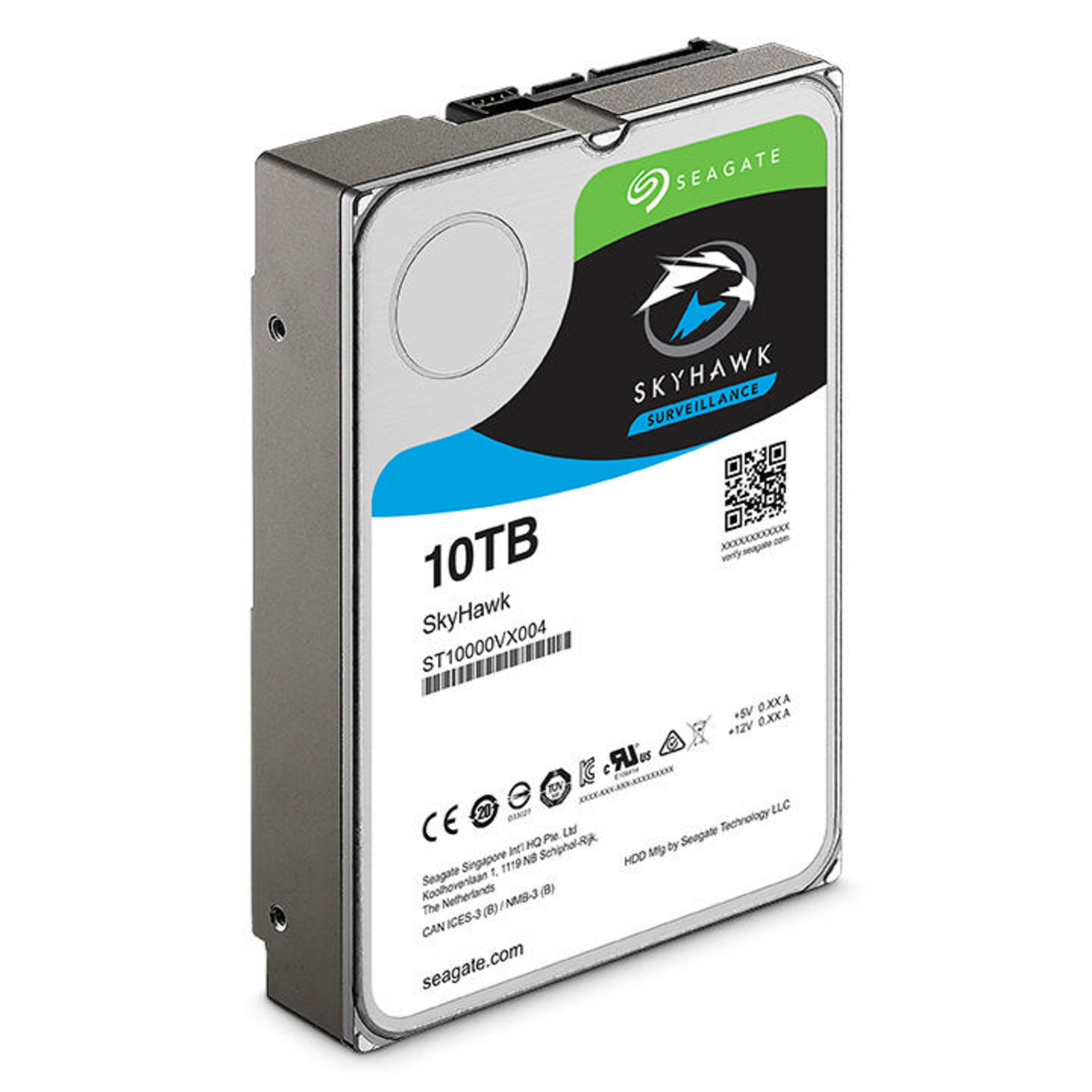 Un hard disk Seagate SkyHawk argentato da 10TB con etichetta blu-verde.