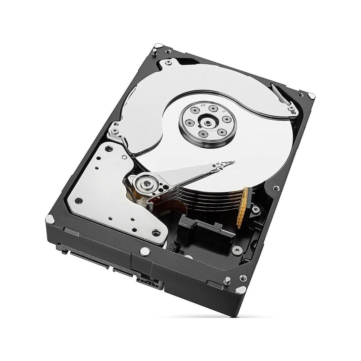 Hard disk aperto mostra piatti metallici, testina di lettura/scrittura ed elettronica su sfondo bianco.