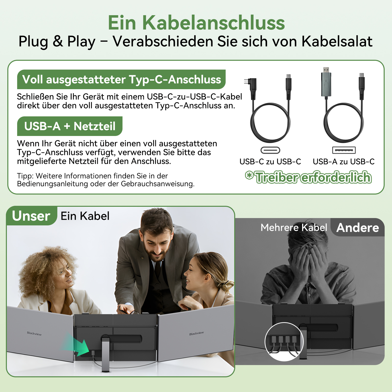 Ein Kabelanschluss: Plug & Play für weniger Kabelsalat. Zwei Anschlussoptionen: USB-C zu USB-C und USB-A zu USB-C.