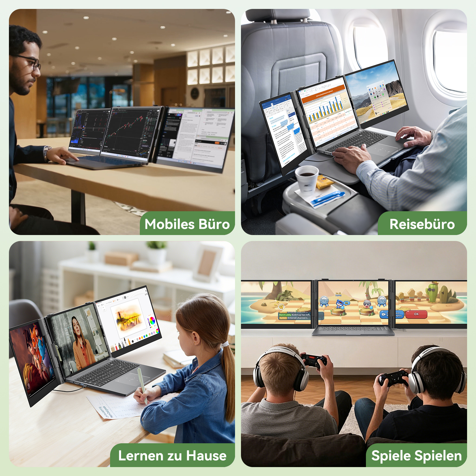 Vier Szenen: Mobiles Büro, Reisebüro, Lernen zu Hause, Spiele spielen.