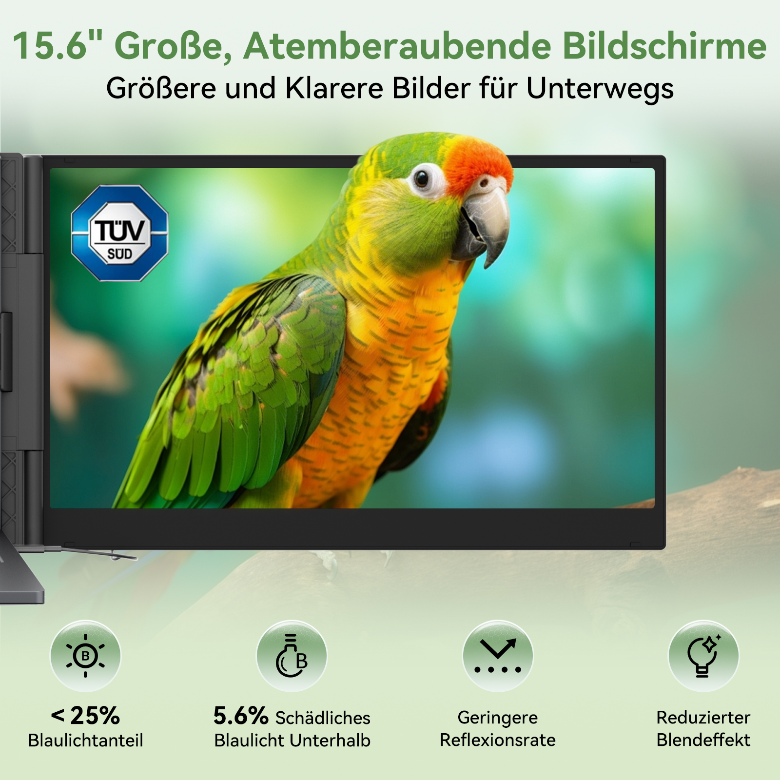 Ein 15,6-Zoll-Bildschirm mit einem grünen und gelben Papagei, TÜV SÜD-Logo und Icons.