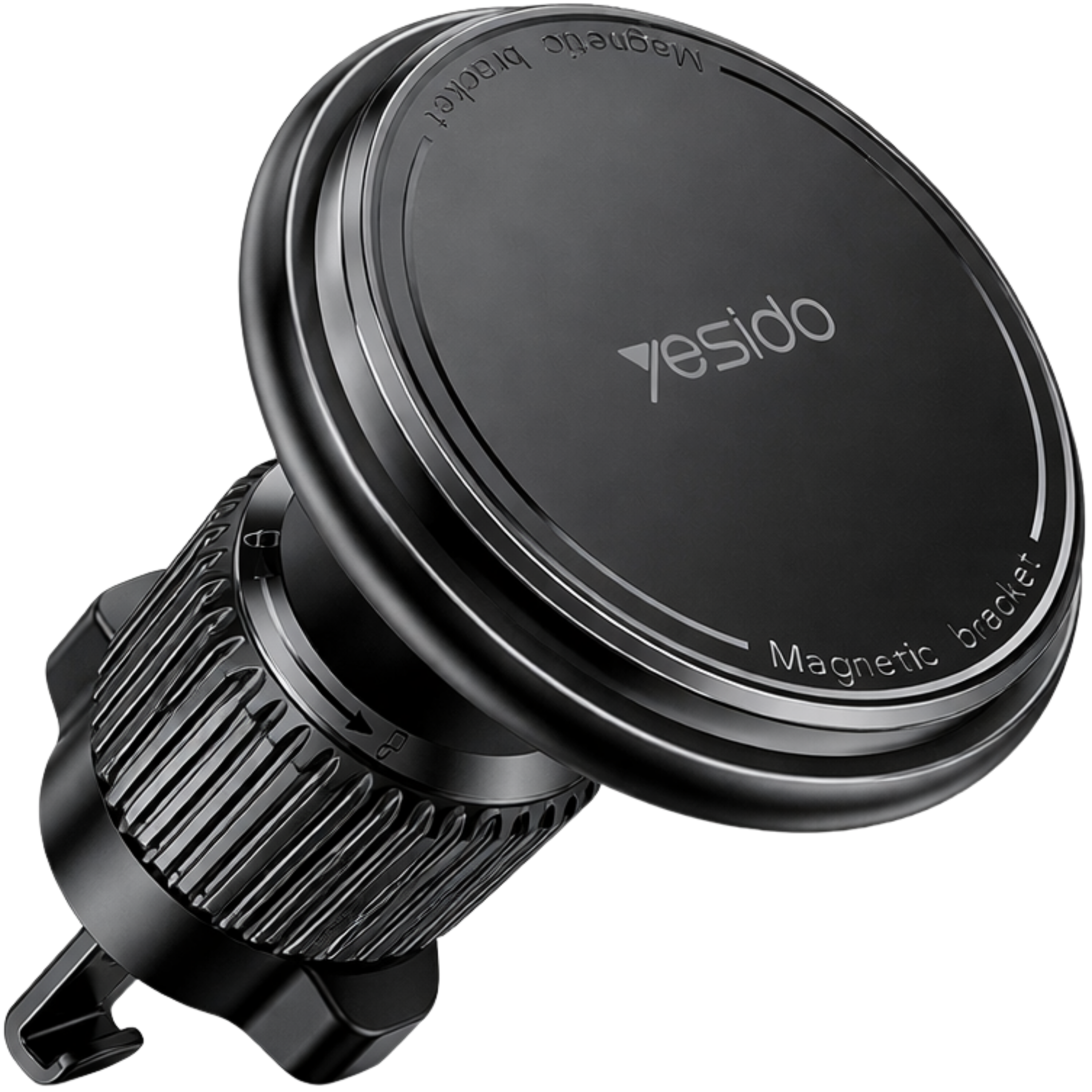 Ein schwarzer magnetischer Handyhalter für Autos mit Rillen und dem Logo "Yesido".