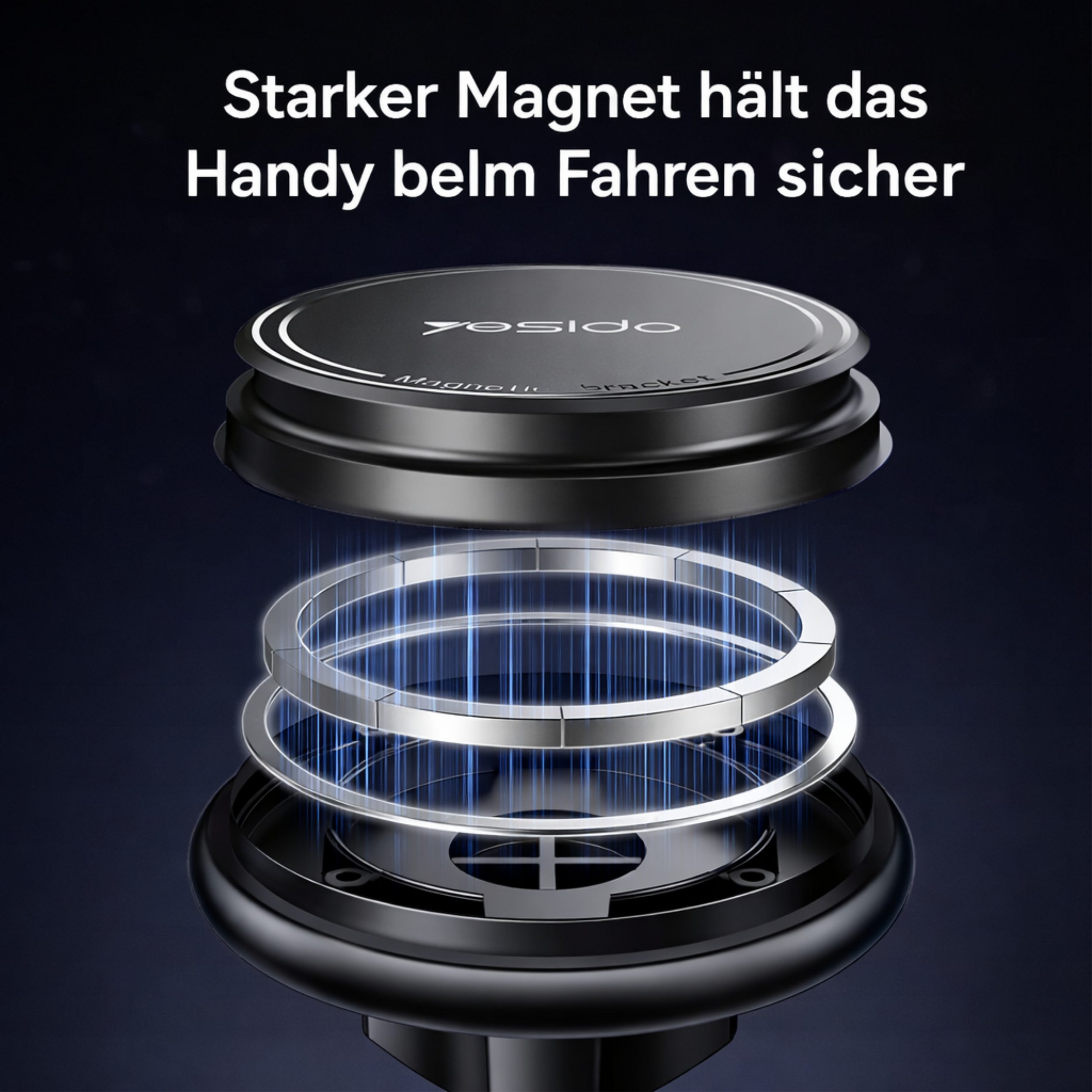 Explosionszeichnung einer magnetischen Handyhalterung mit silbernen Ringen.