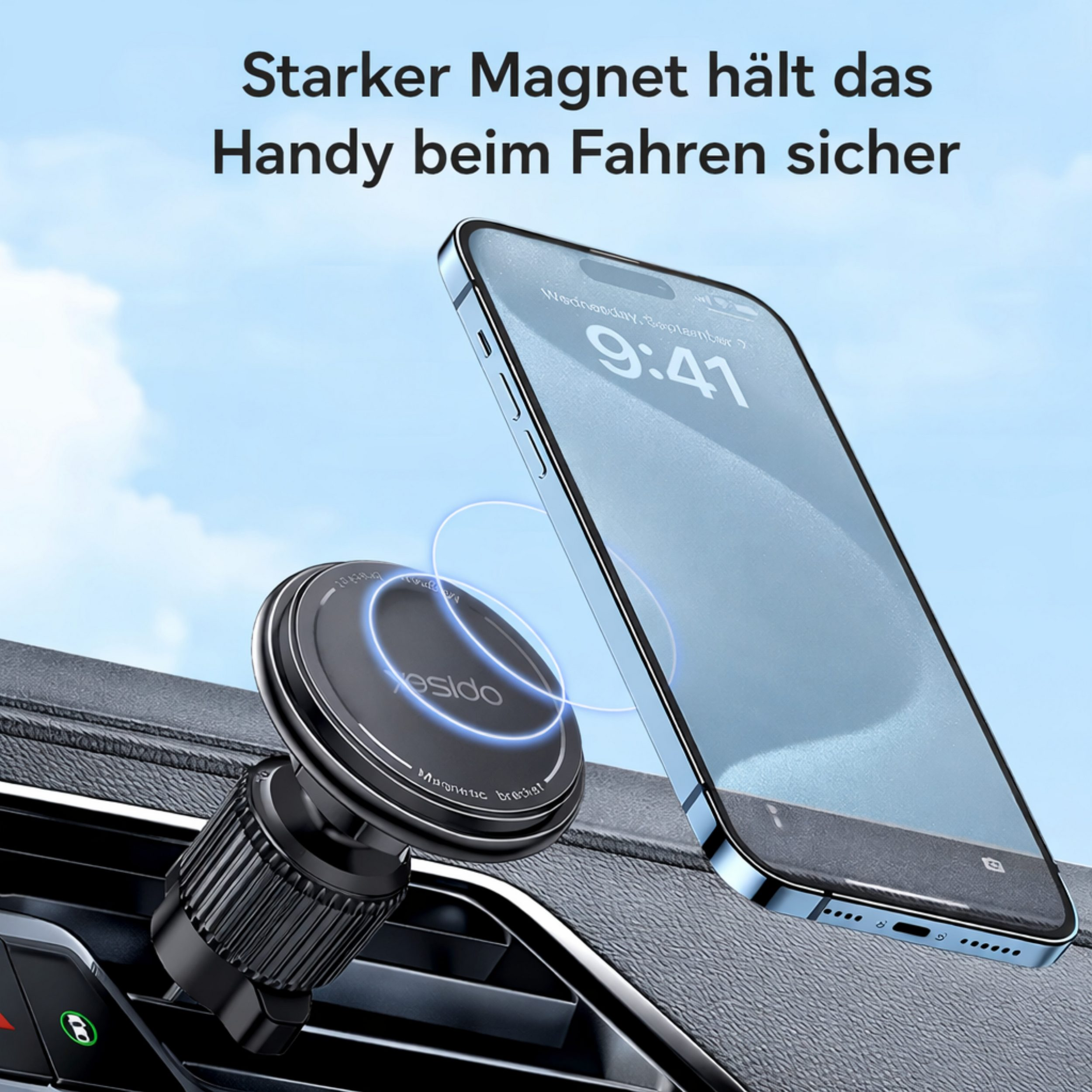 Ein schwarzer Magnet-Handyhalter ist am Auto-Armaturenbrett befestigt, hält ein Smartphone.
