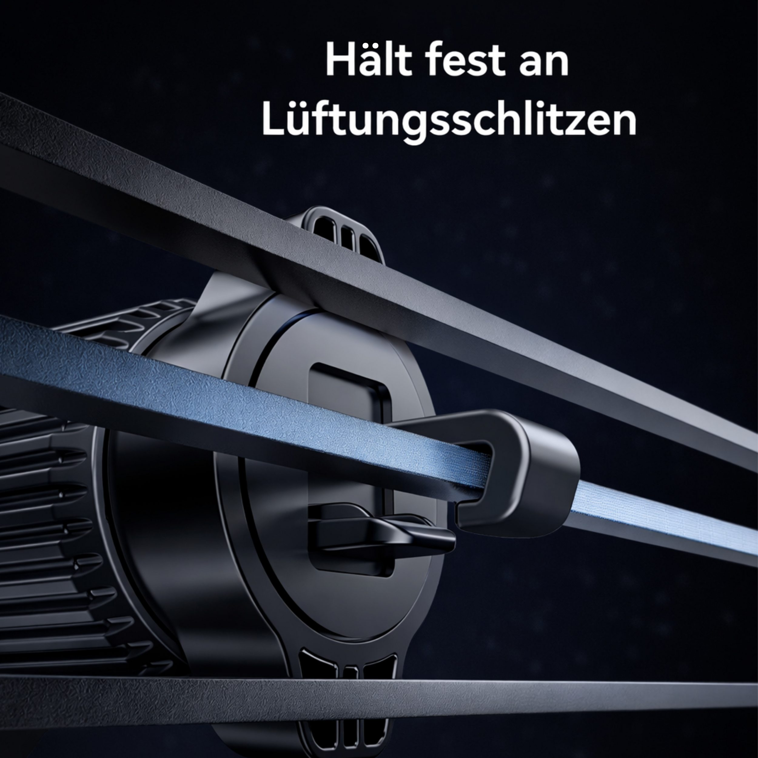 Ein schwarzer Lüftungsschlitz-Halter mit blauem Band.