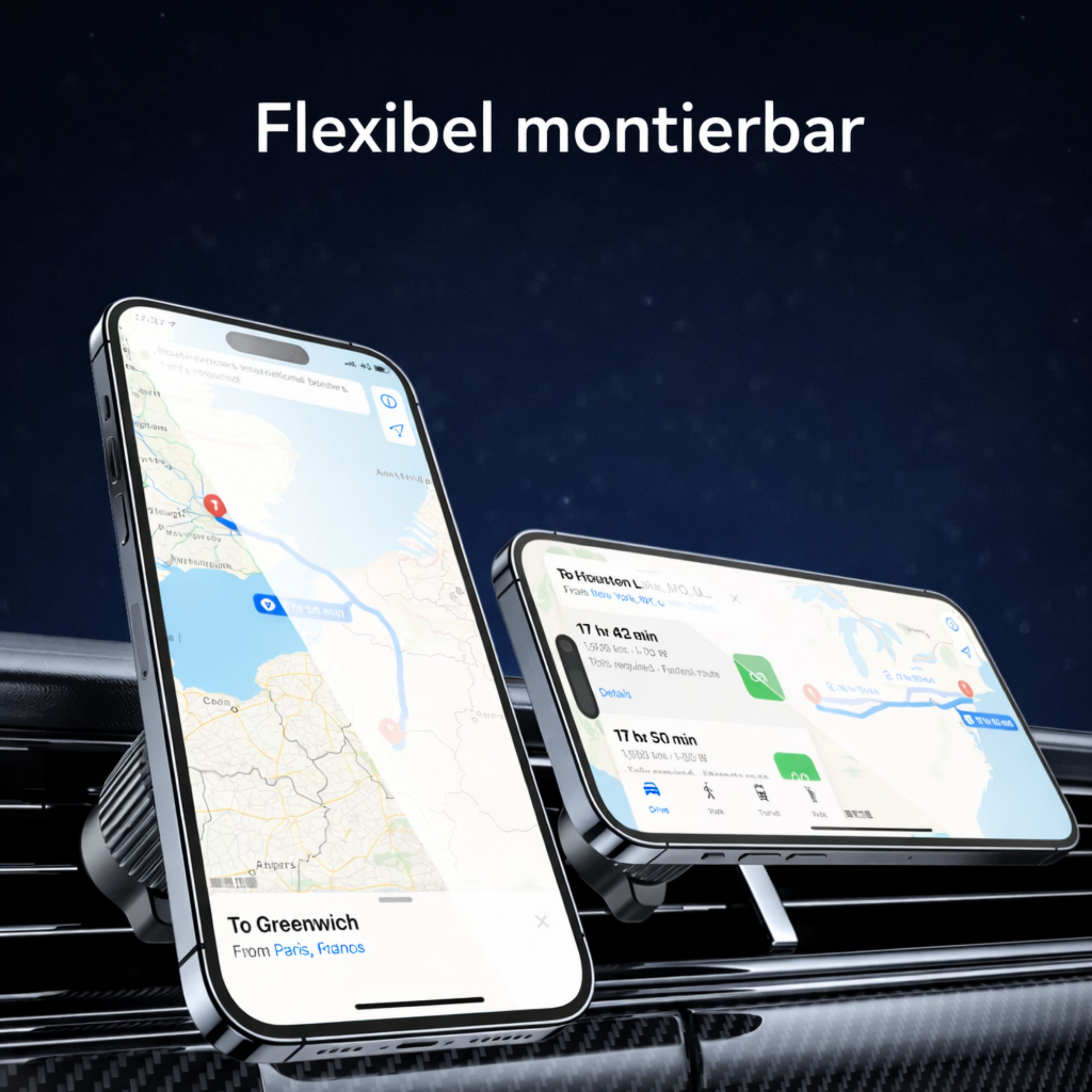Zwei Smartphones zeigen Navigationskarten, montiert an einem Auto-Luftauslass.
