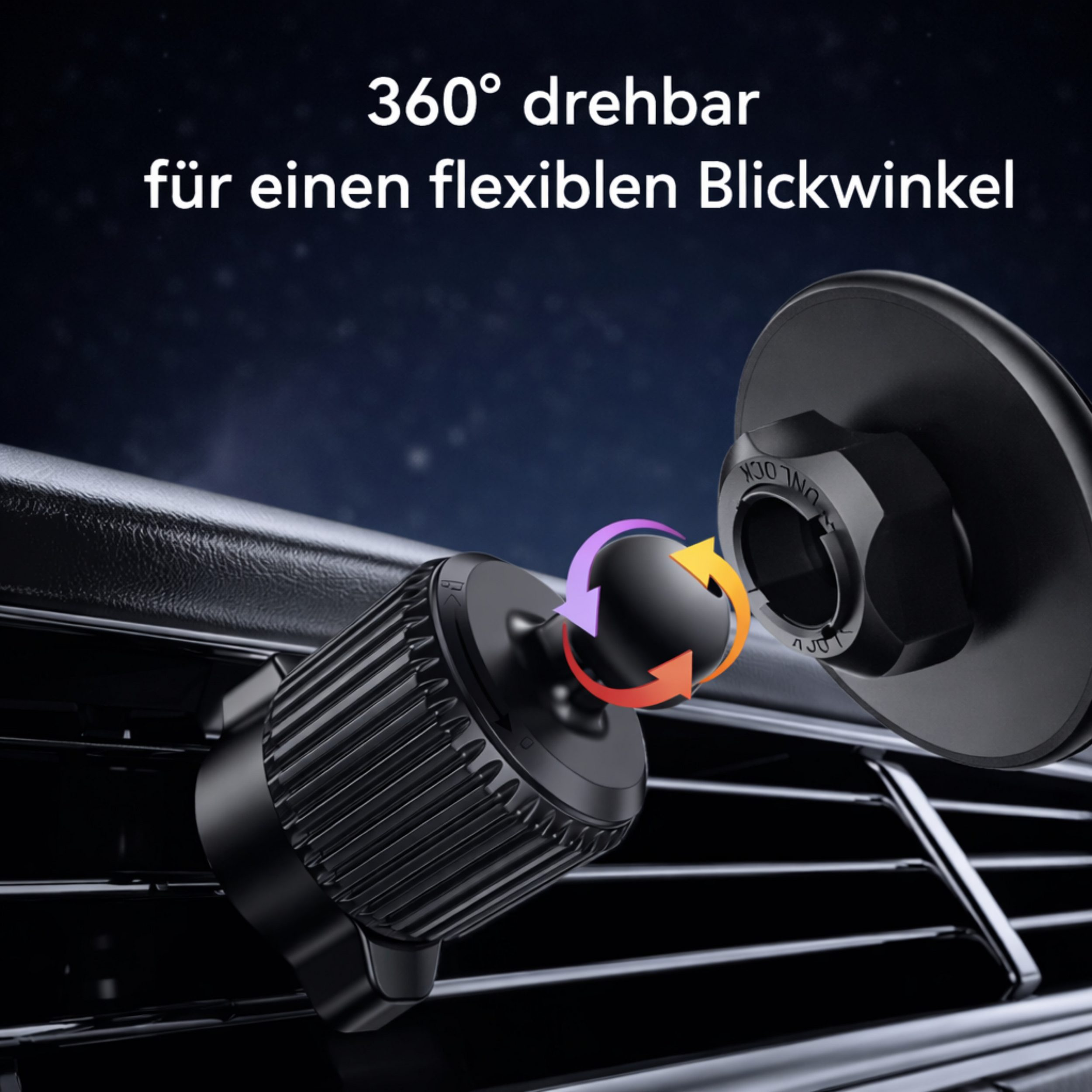 Ein schwarzer Auto-Lüftungsschlitz-Handyhalter mit Drehgelenk.