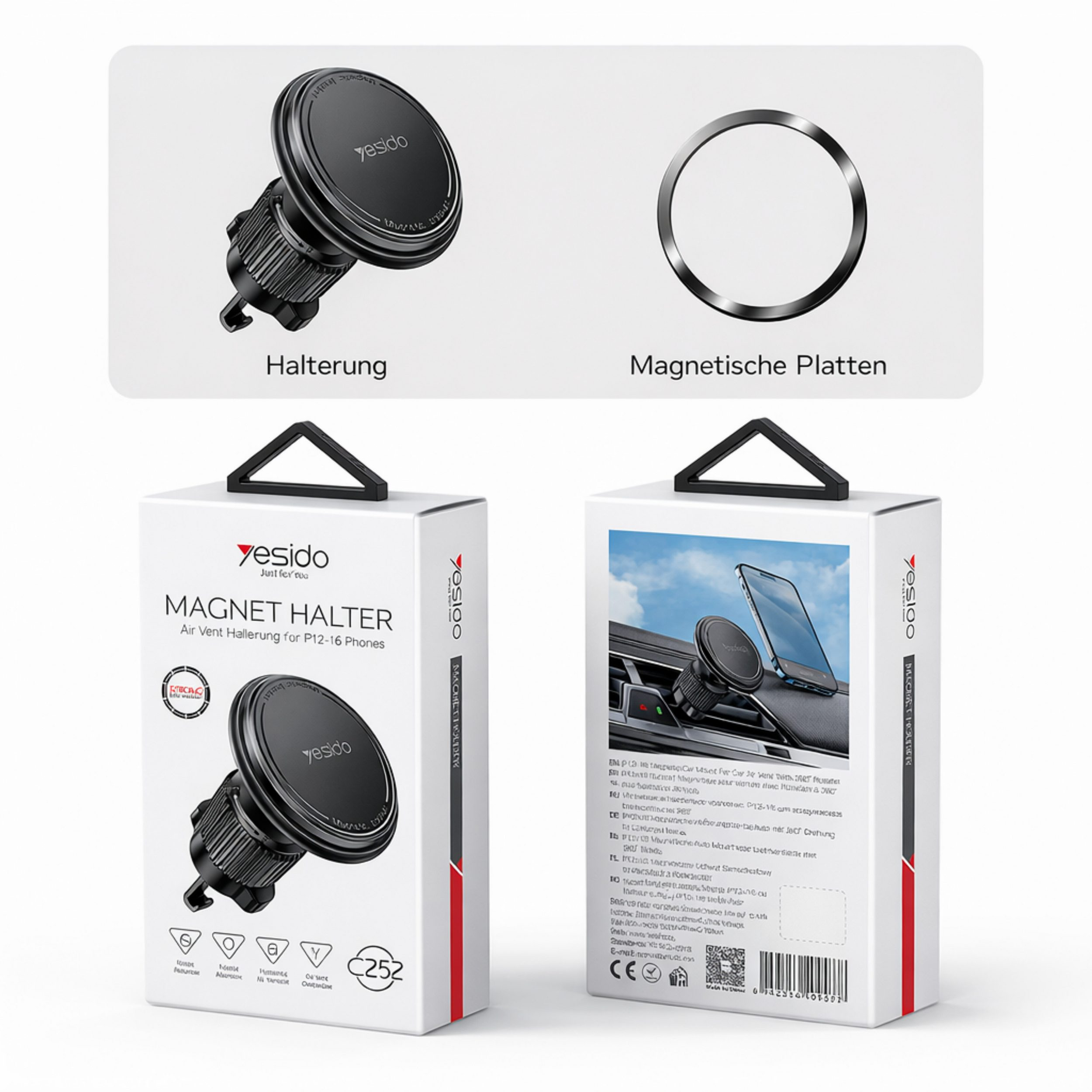 Verpackung eines magnetischen Autohalters mit Zubehörteilen.