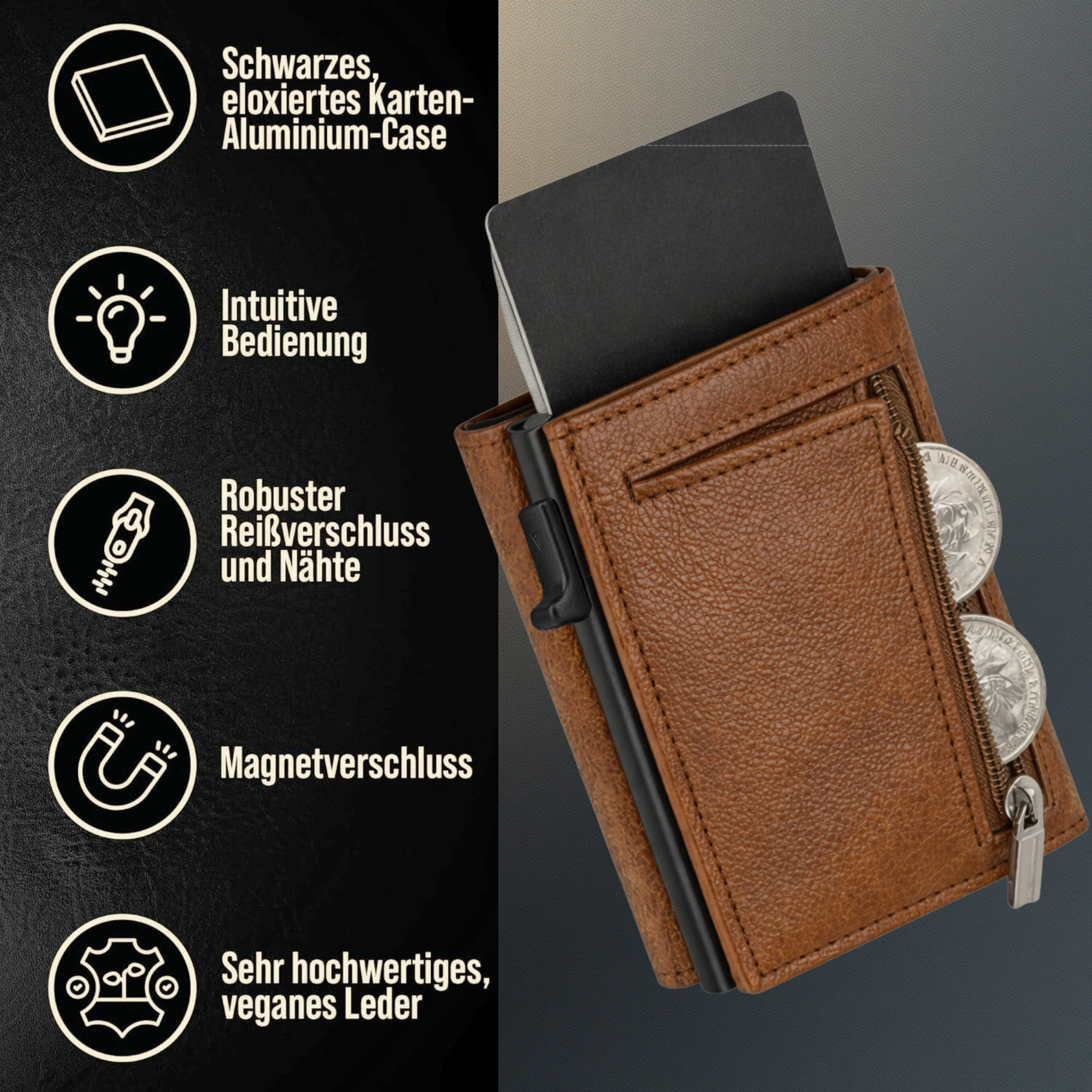 Braune Leder Geldbörse mit Münzfach, Aluminium-Kartenhalter und Reißverschluss.