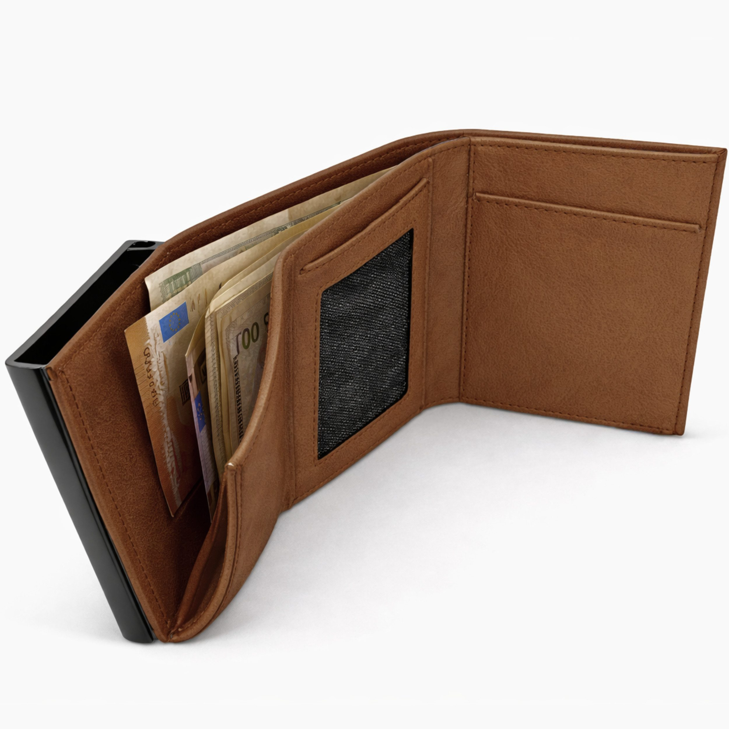 Braune Brieftasche mit Geldscheinen und einer schwarzen Einlage.