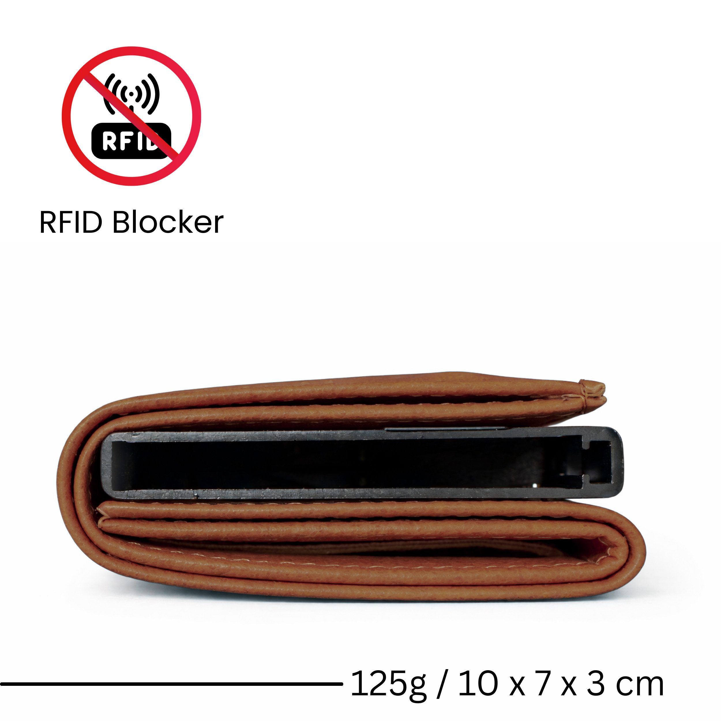 Ein braunes Lederportemonnaie mit RFID-Blocker-Symbol. Maße: 125g, 10x7x3 cm.
