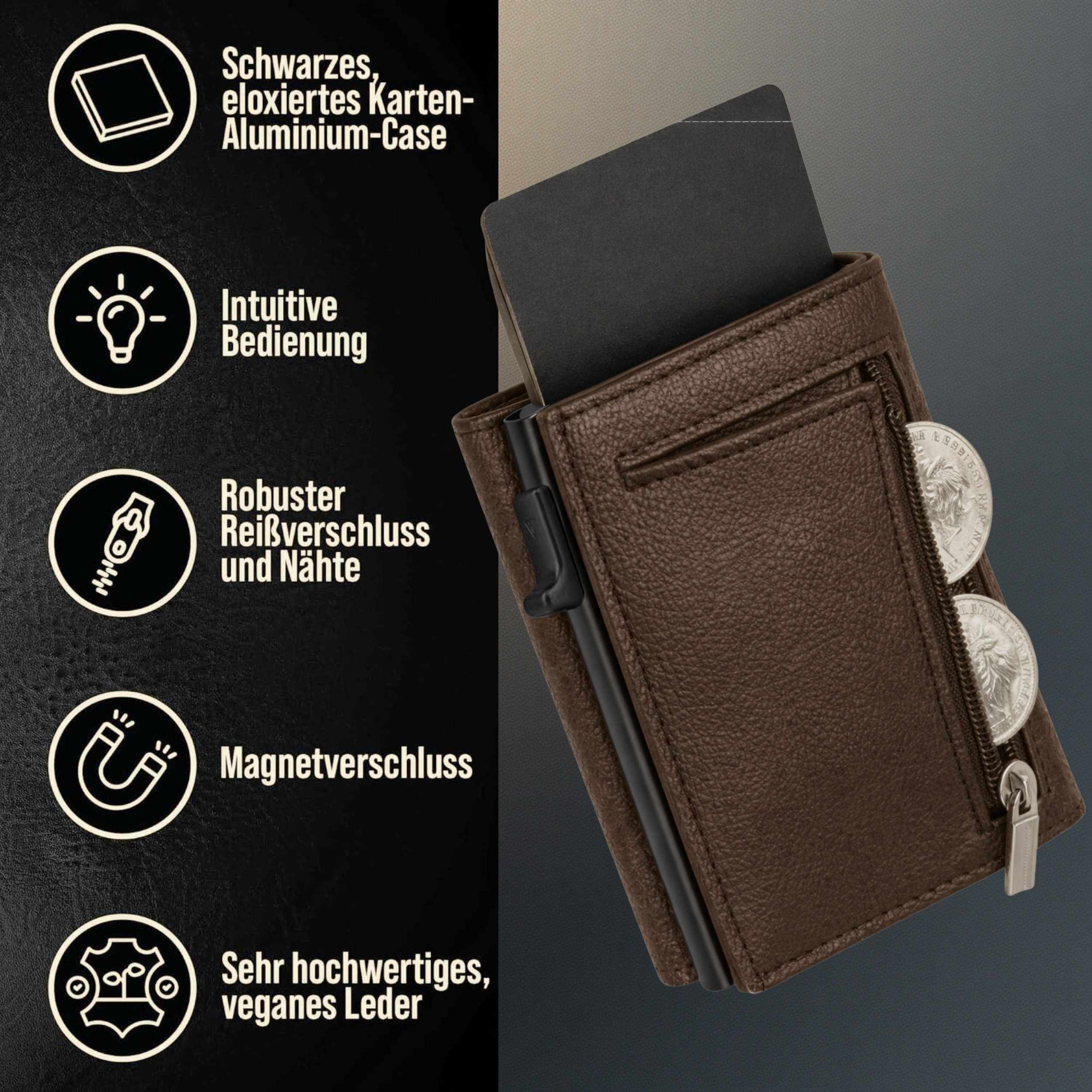 Braune Ledergeldbörse mit Münzfach, Kartenhalter und Magnetverschluss.