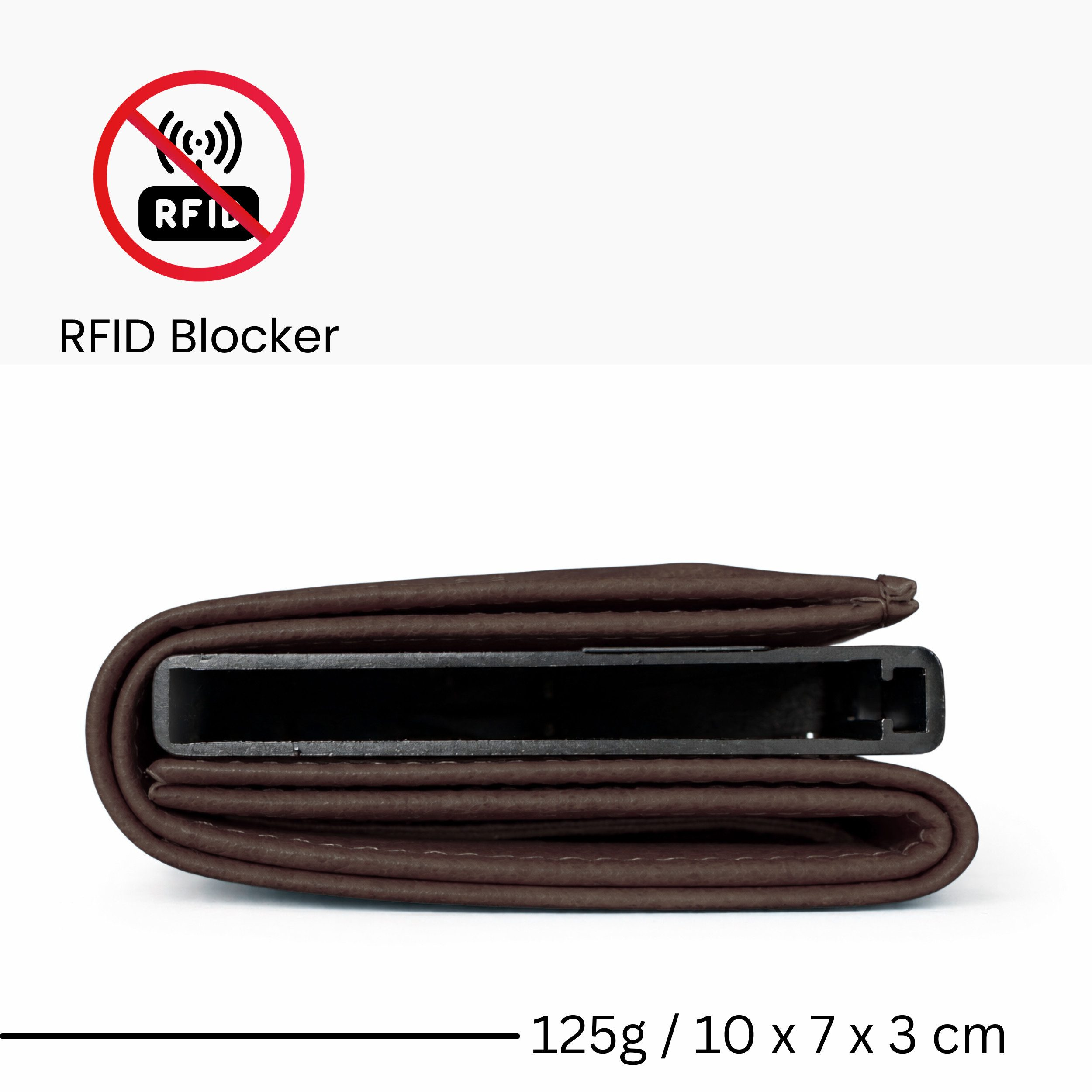 Braune Ledergeldbörse mit RFID-Blocker-Symbol. Maße: 125g / 10x7x3 cm.