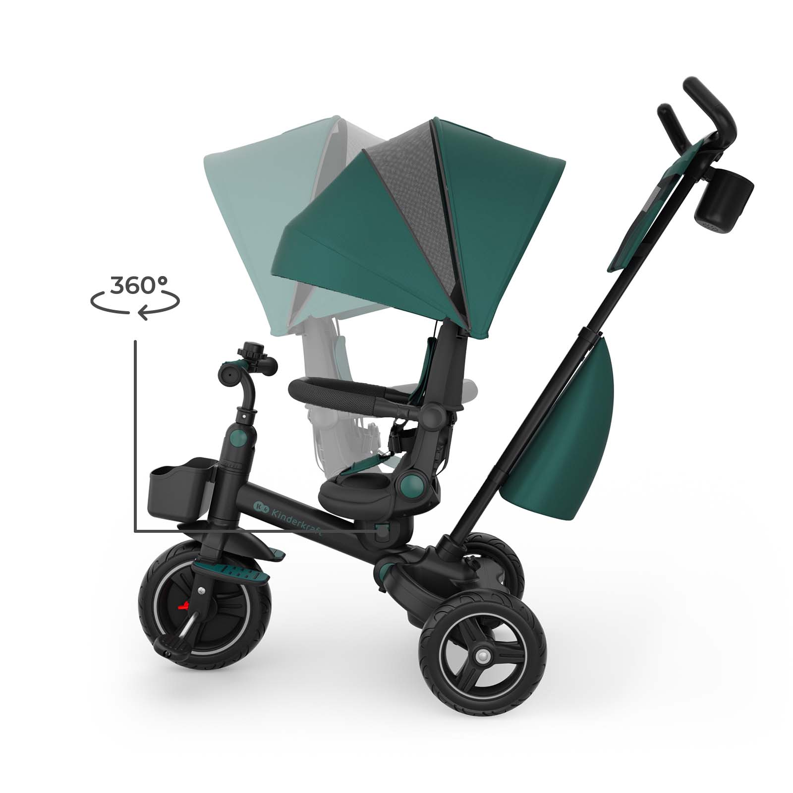 Ein grüner Dreirad-Kinderwagen mit Verdeck, Sitz und Griff.