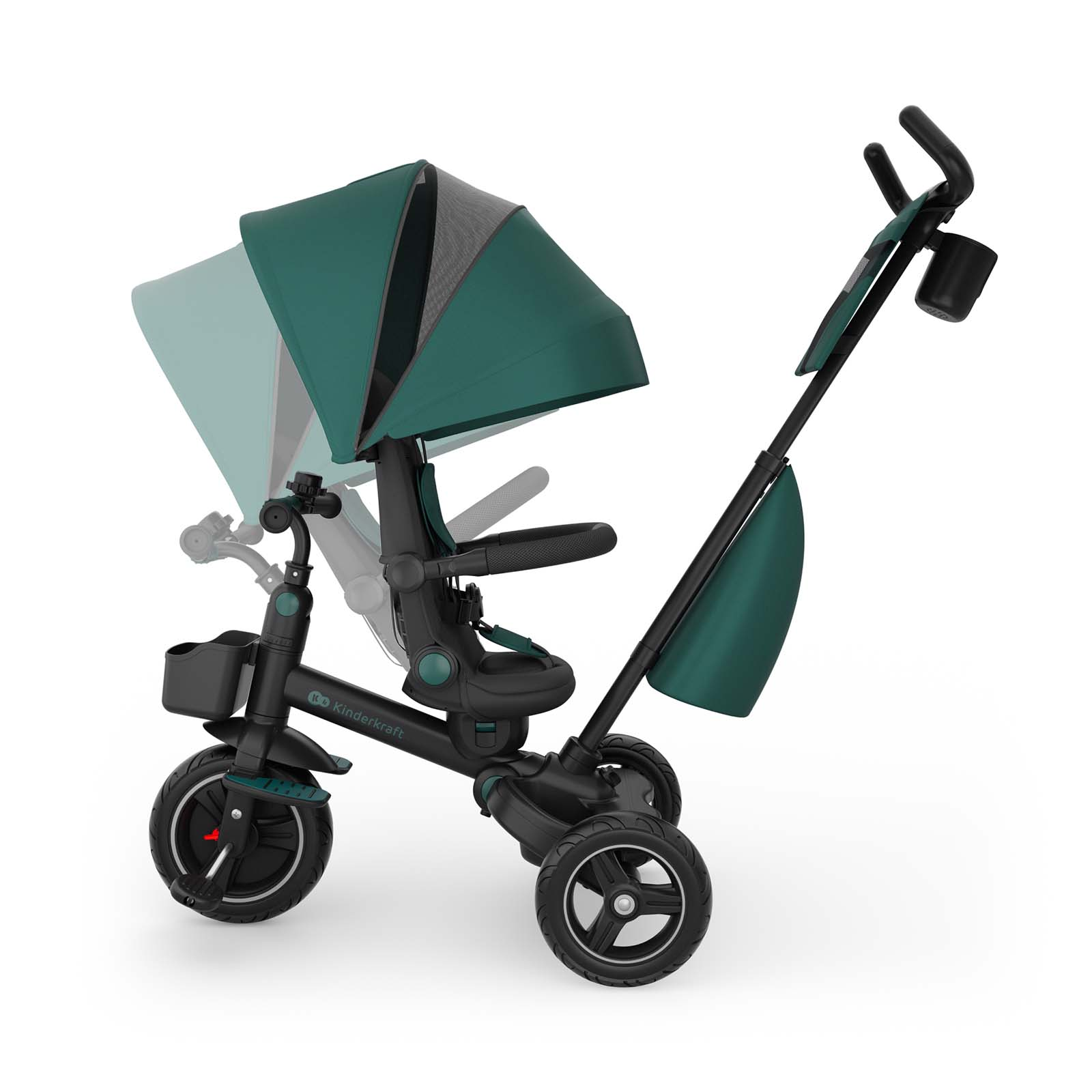 Ein grüner Kinderdreirad mit schwarzem Rahmen, Verdeck und Becherhalter.