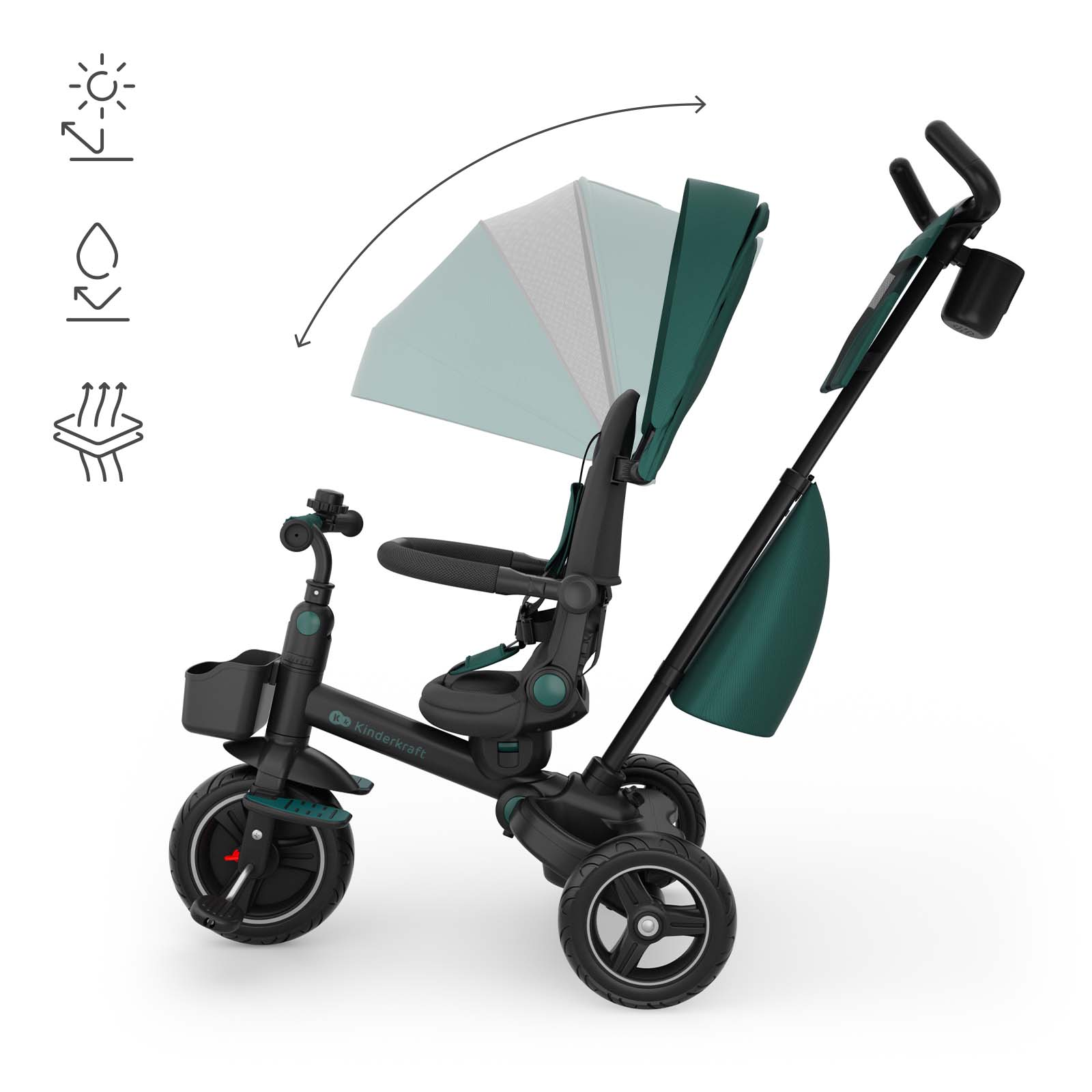 Ein grüner Kinderdreirad mit verstellbarem Verdeck, Sitz und Griff.