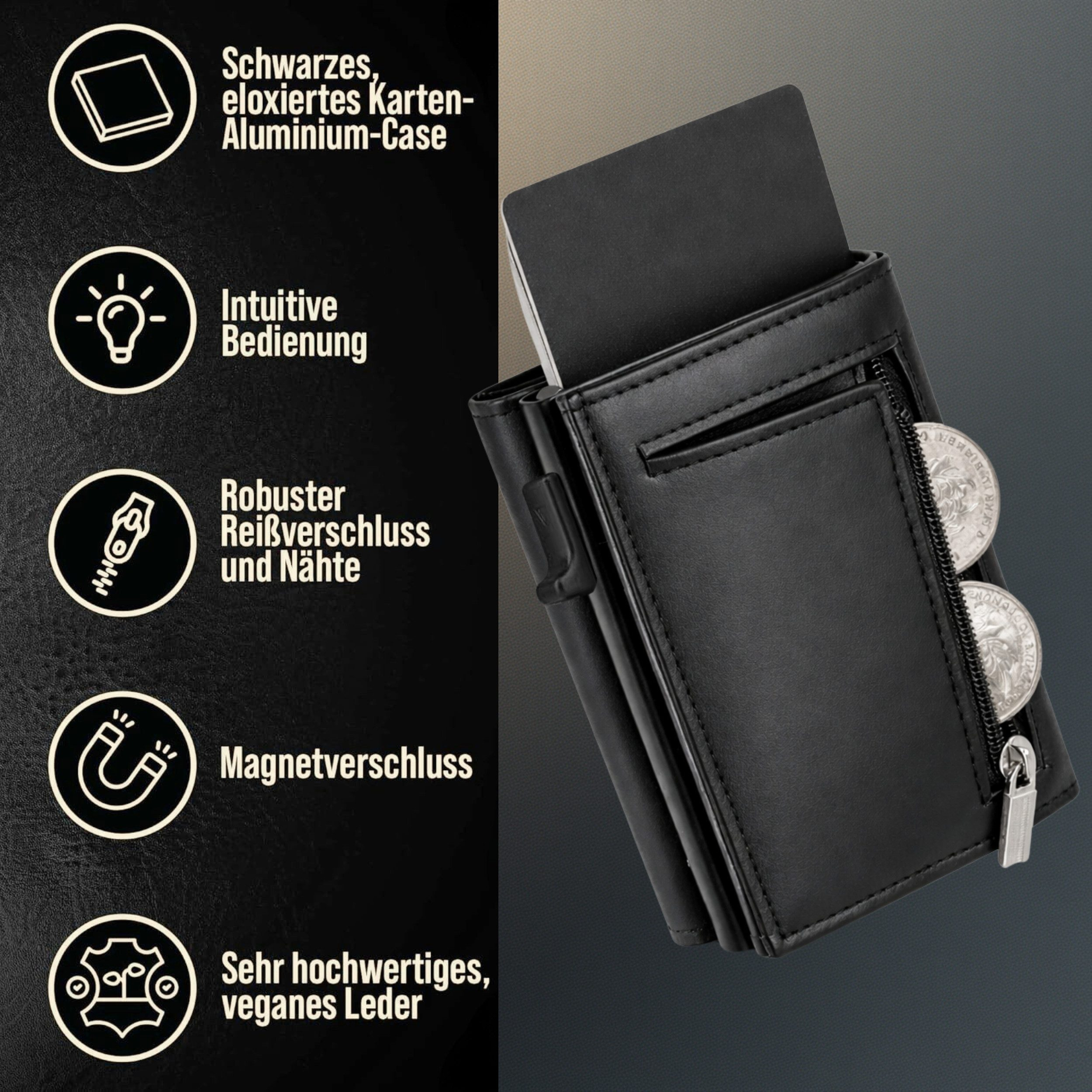 Schwarze Geldbörse aus Leder mit Aluminium-Case, Reißverschluss & Münzfach.