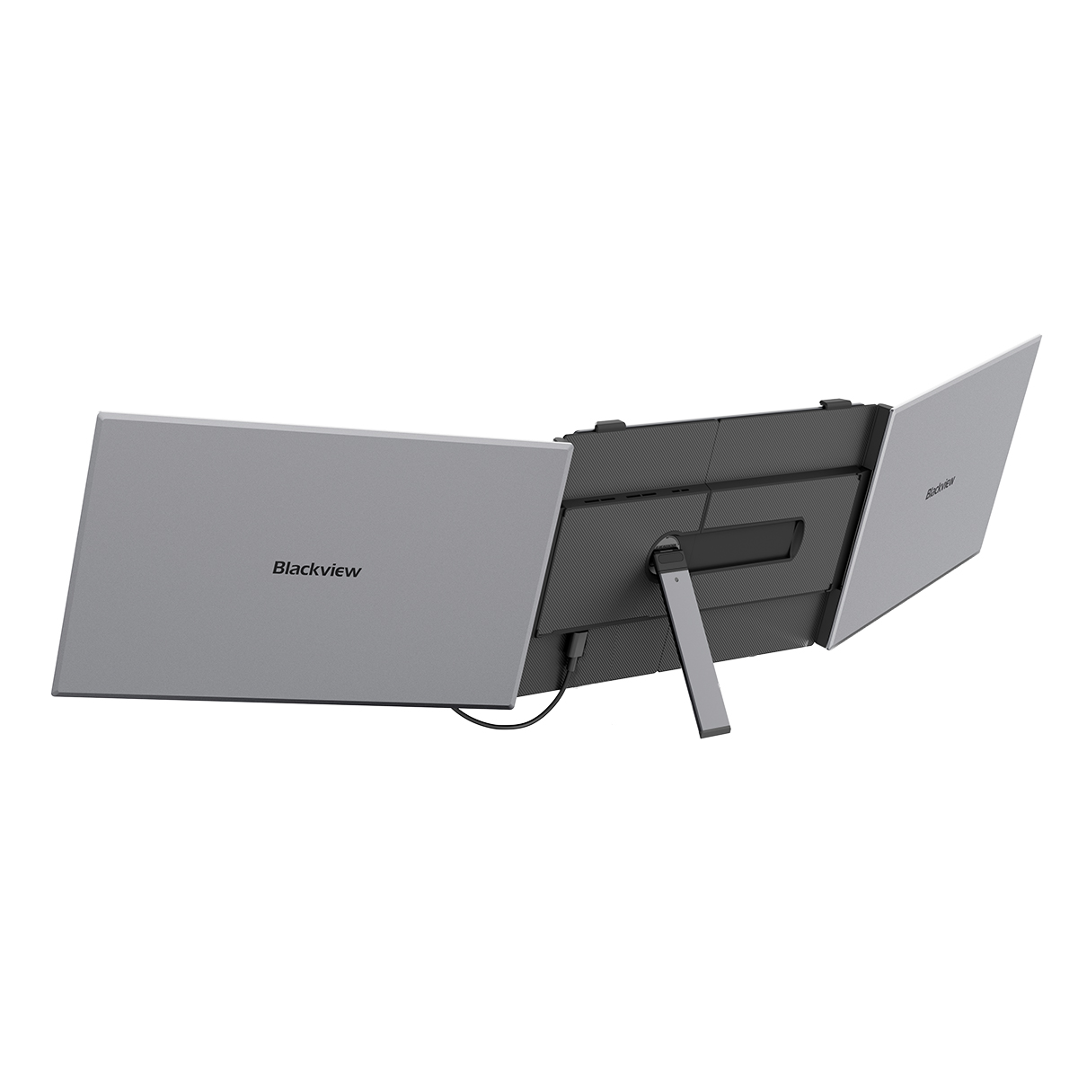 Szary monitor dwuekranowy Blackview z podstawką i kablem USB-C.