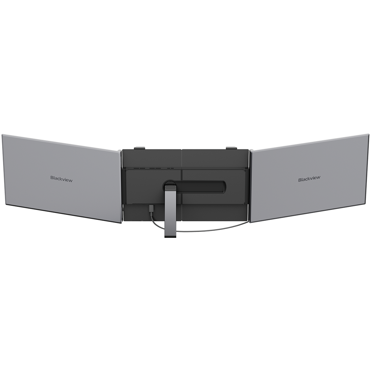 Widok z tyłu potrójnego monitora z logo 'Blackview' na ekranach bocznych.