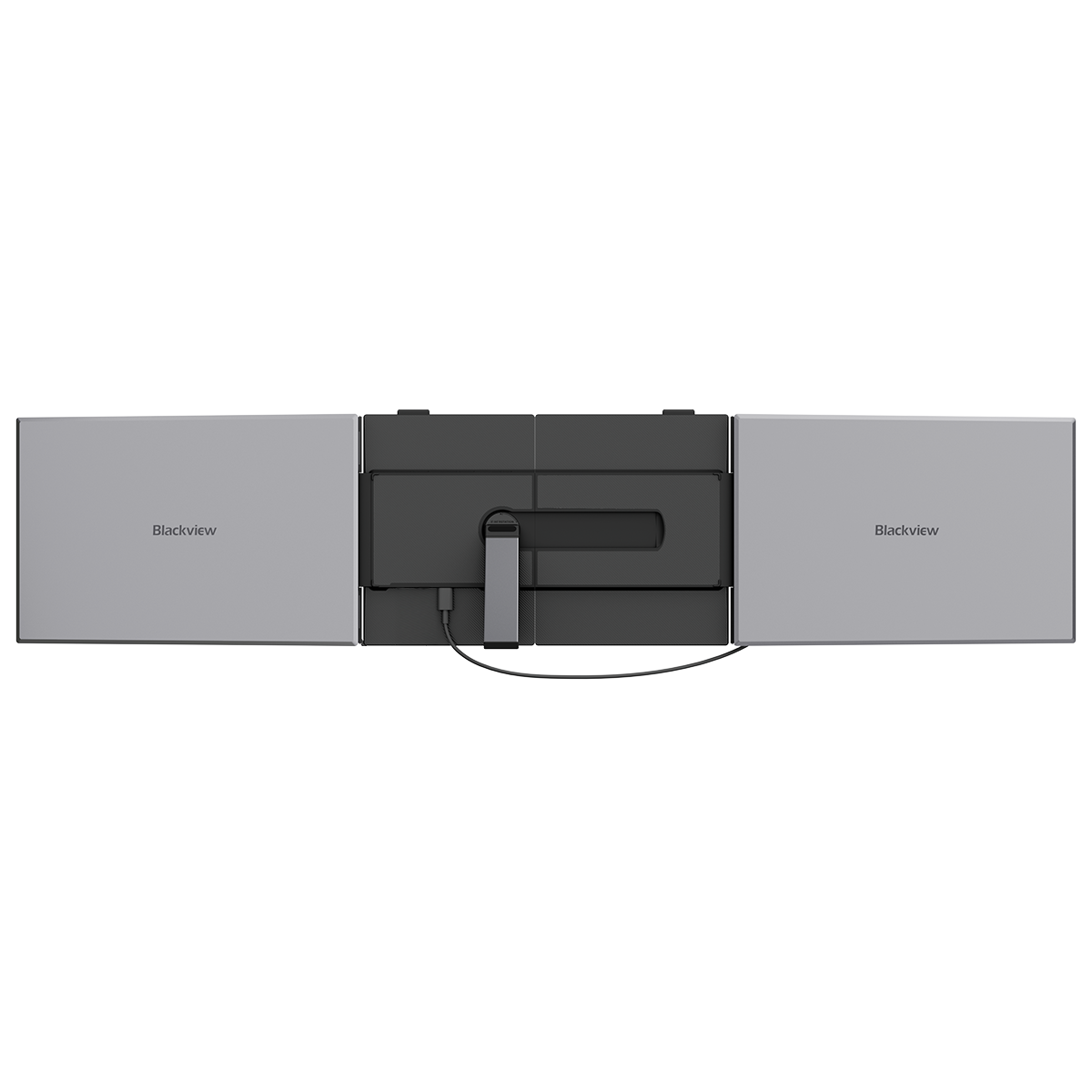 Czarny monitor z dwoma szarymi panelami bocznymi. Podłączony kabel USB.