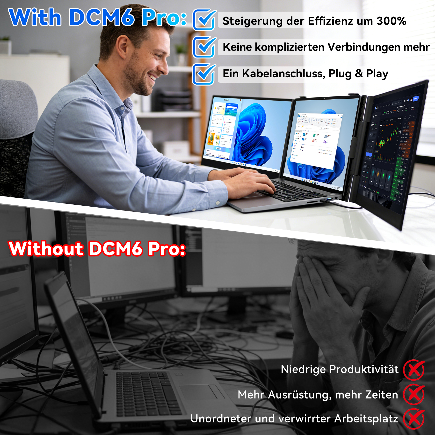 Mann mit Laptop und drei Monitoren mit und ohne DCM6 Pro.