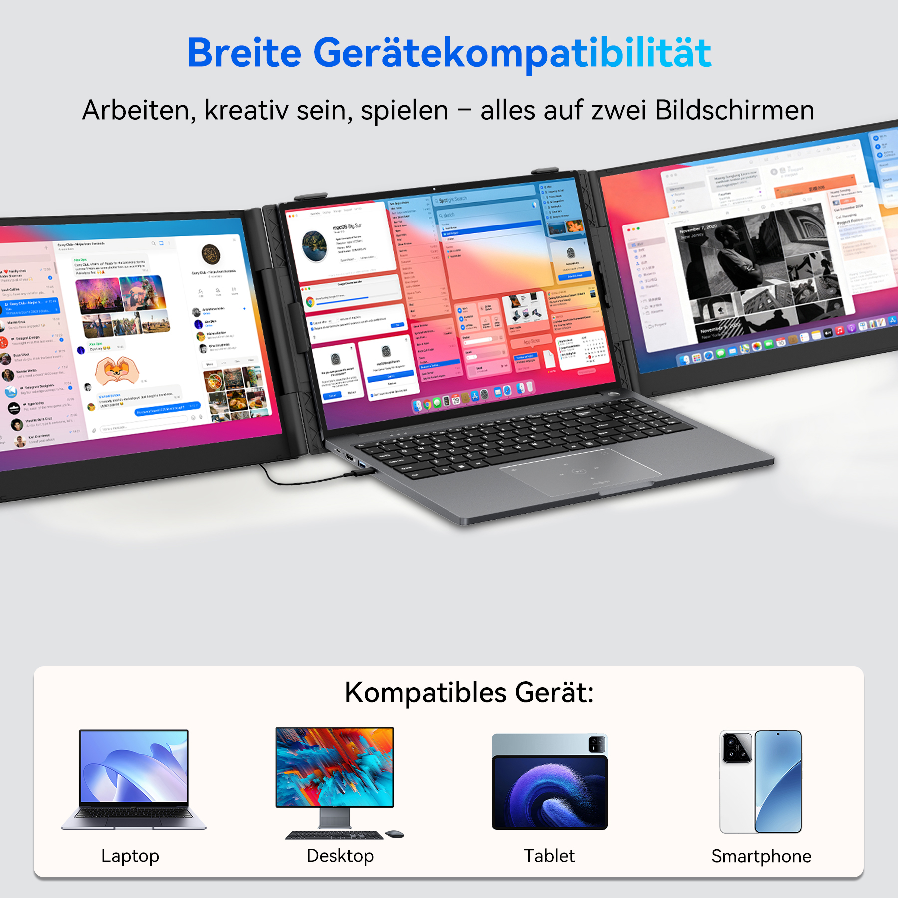Laptop mit drei verbundenen Bildschirmen, die Apps und Social Media zeigen.
