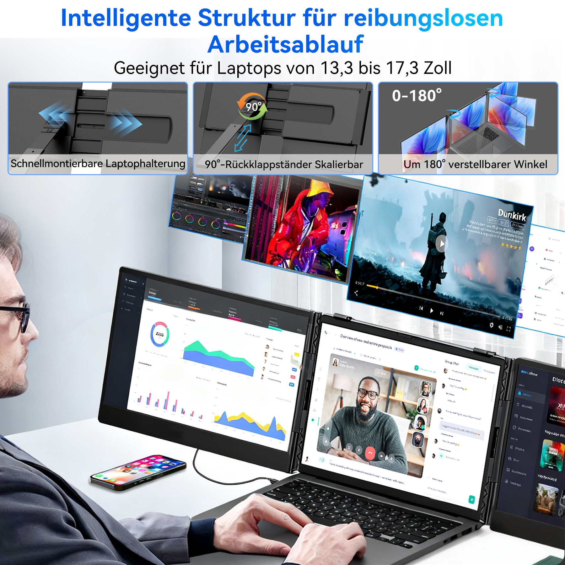 Mann mit Brille nutzt Laptop mit drei Bildschirmen. Daten und Video-Chat.
