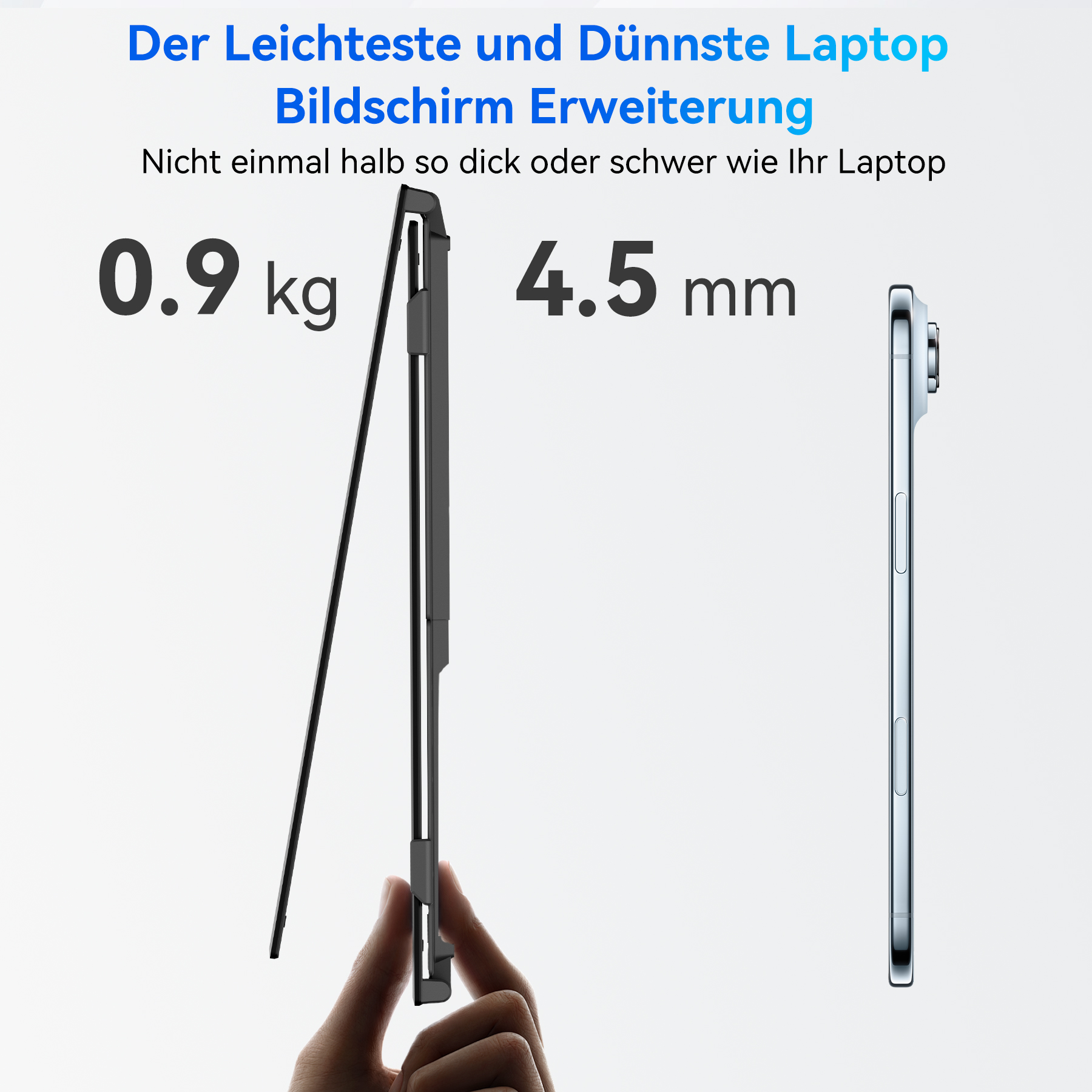 Ein Laptop-Bildschirm-Erweiterungsgerät mit 0,9 kg und 4,5 mm Dicke.