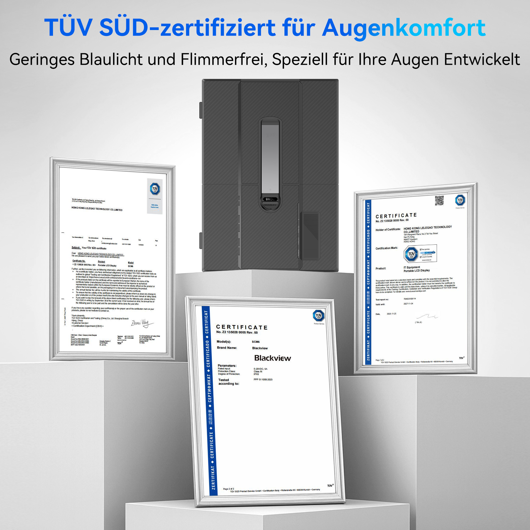 Ein Blackview tragbarer LCD-Display mit drei TÜV SÜD-Zertifikaten.