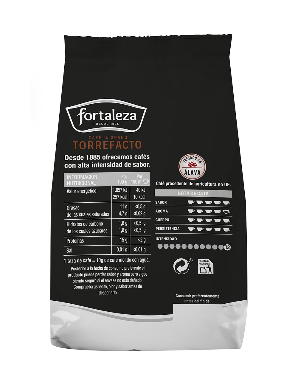 Bolsa negra de café con logo Fortaleza Torrefacto, info nutricional y notas de cata.