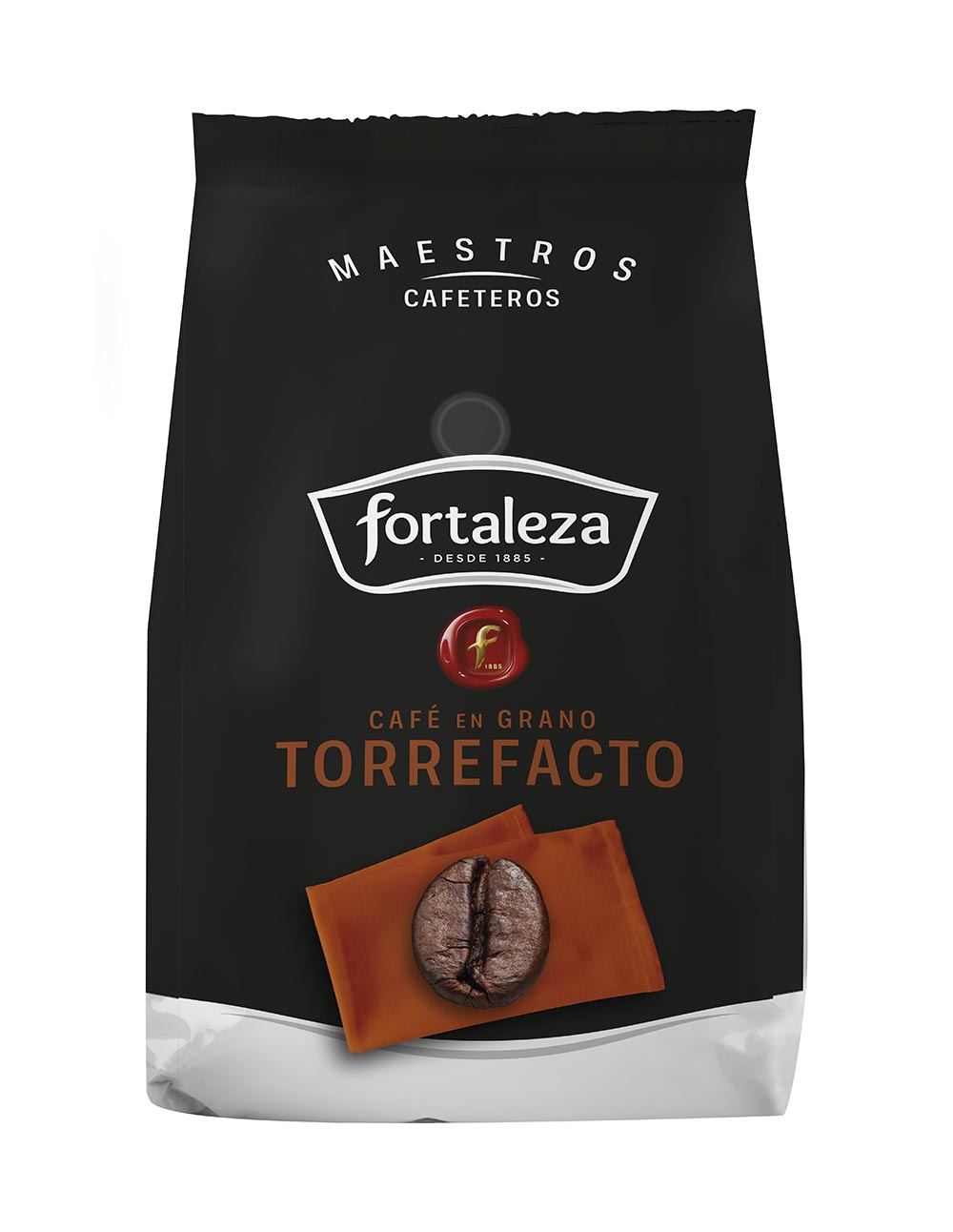 Una bolsa de café negra con logo "Fortaleza" y un grano de café.
