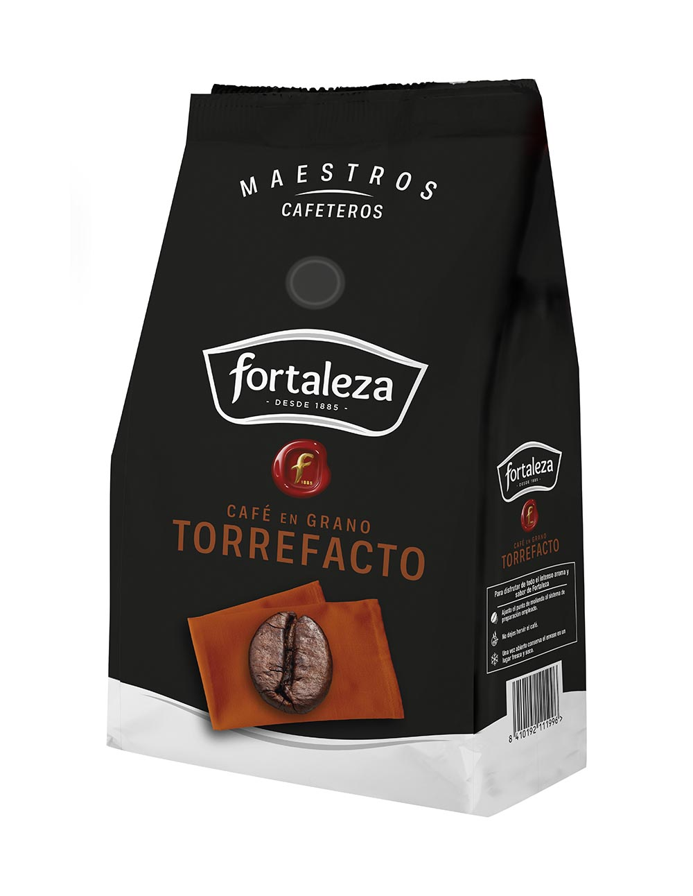 Bolsa de café negra con logo Fortaleza, grano de café y detalles.
