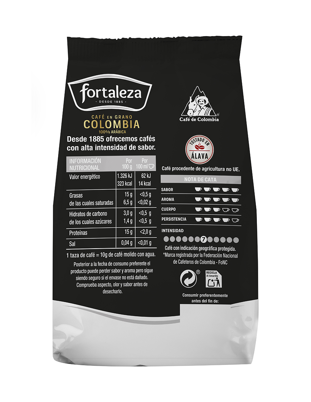 Una bolsa de café negra que muestra información nutricional y el logo.