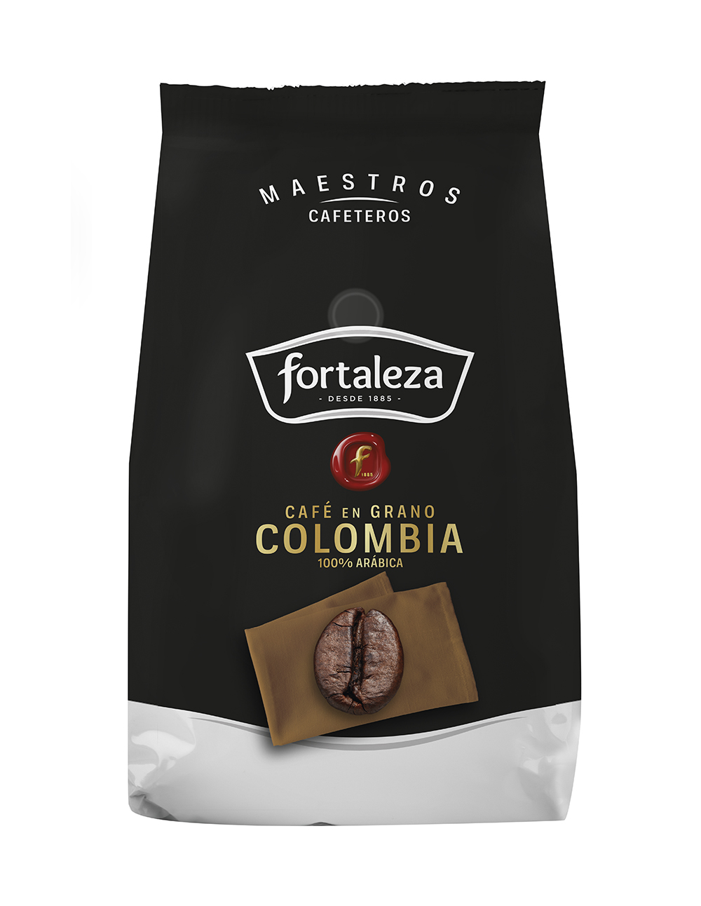 Bolsa de café negra con texto 'Fortaleza Colombia 100% Arábica' y un grano de café.